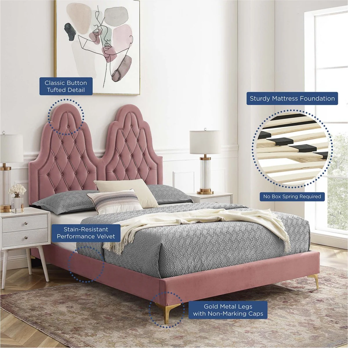 Diamond Tufted Performance Velvet Twin Platform Bed with Gold Metal Legs - Image 9