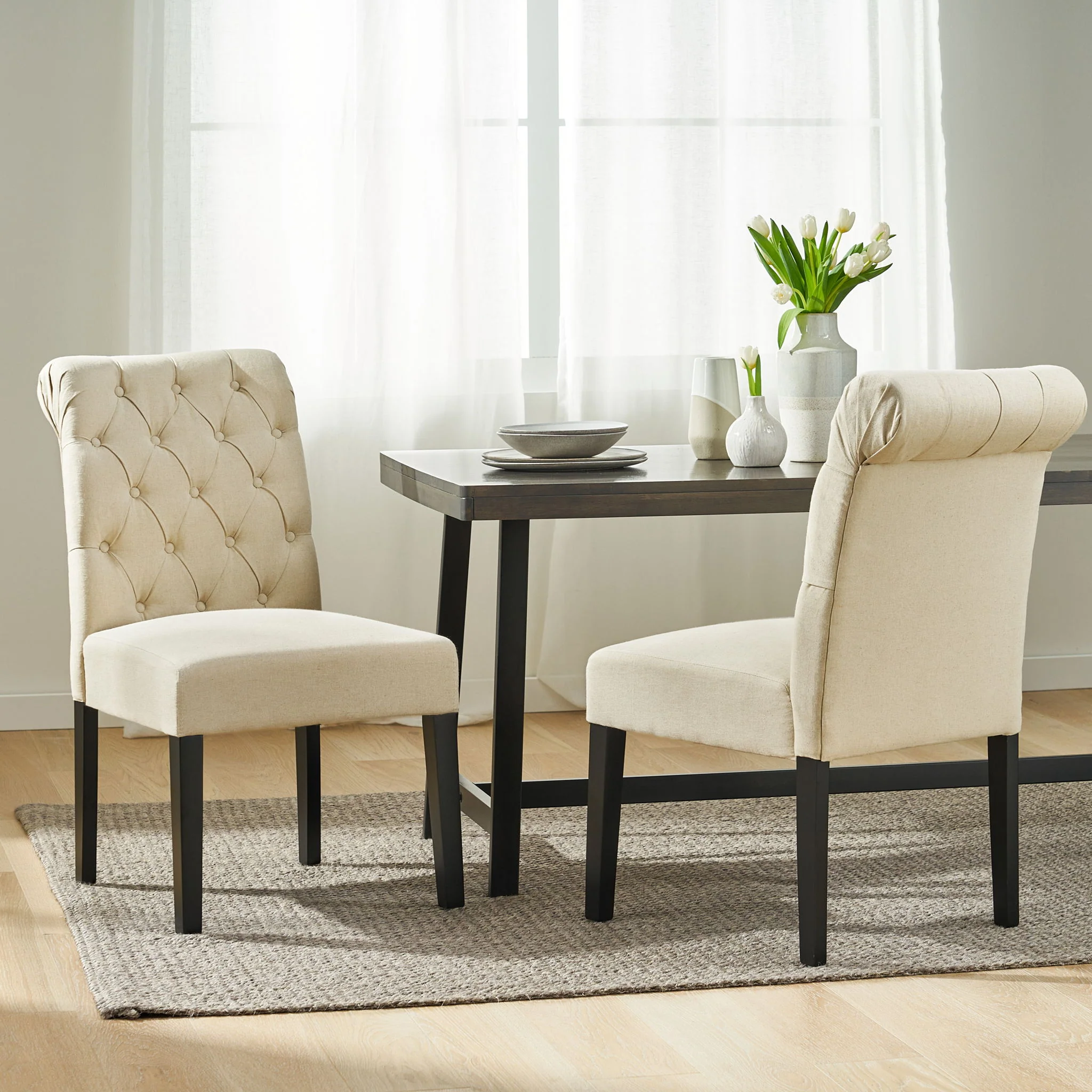 Dining Rolltop Chairs (Set of 2), Upholstered Armless Chair With Wood Leg - Ivory - Image 4