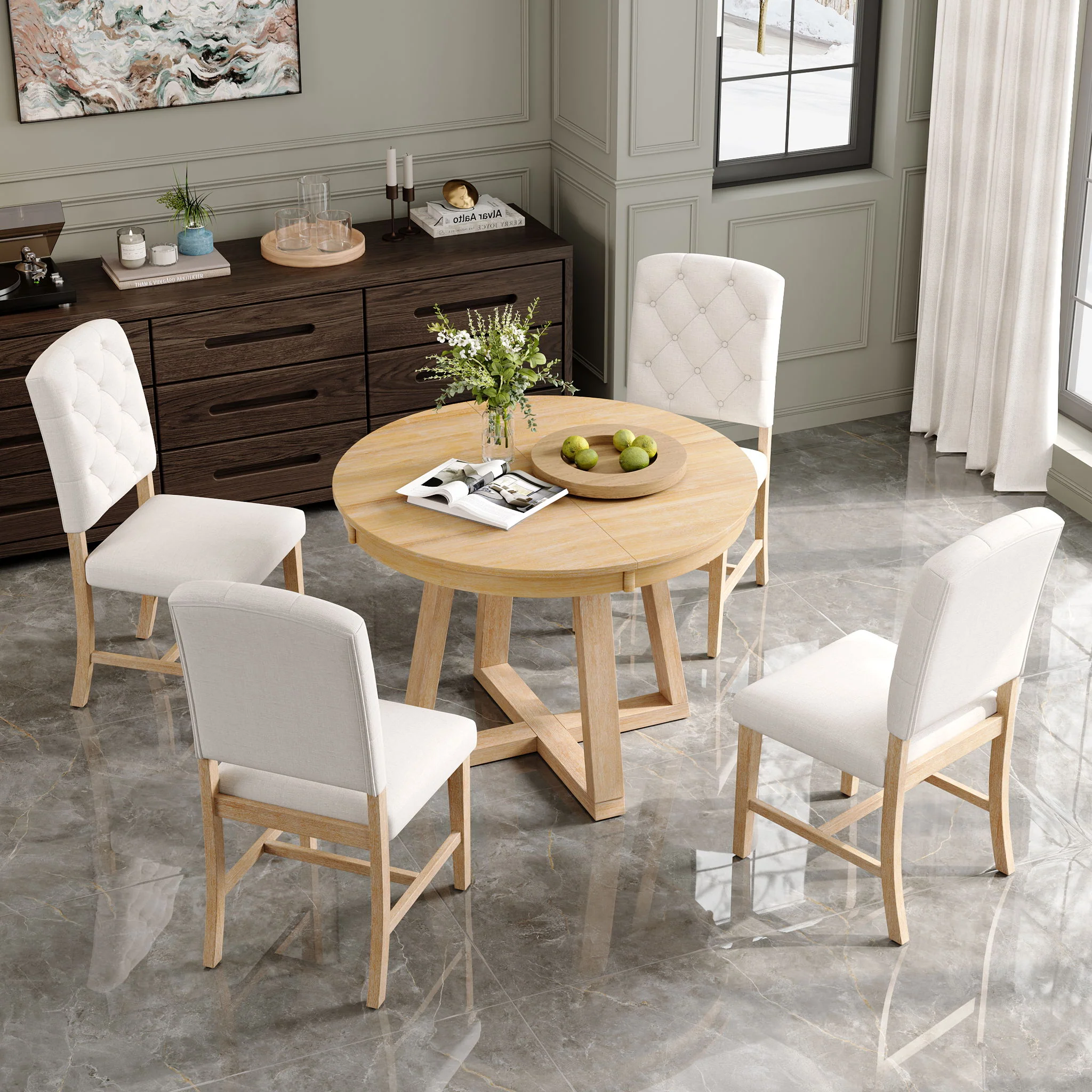 Dining Set With Leaf Round Table And 4 Upholstered Chairs - Image 10