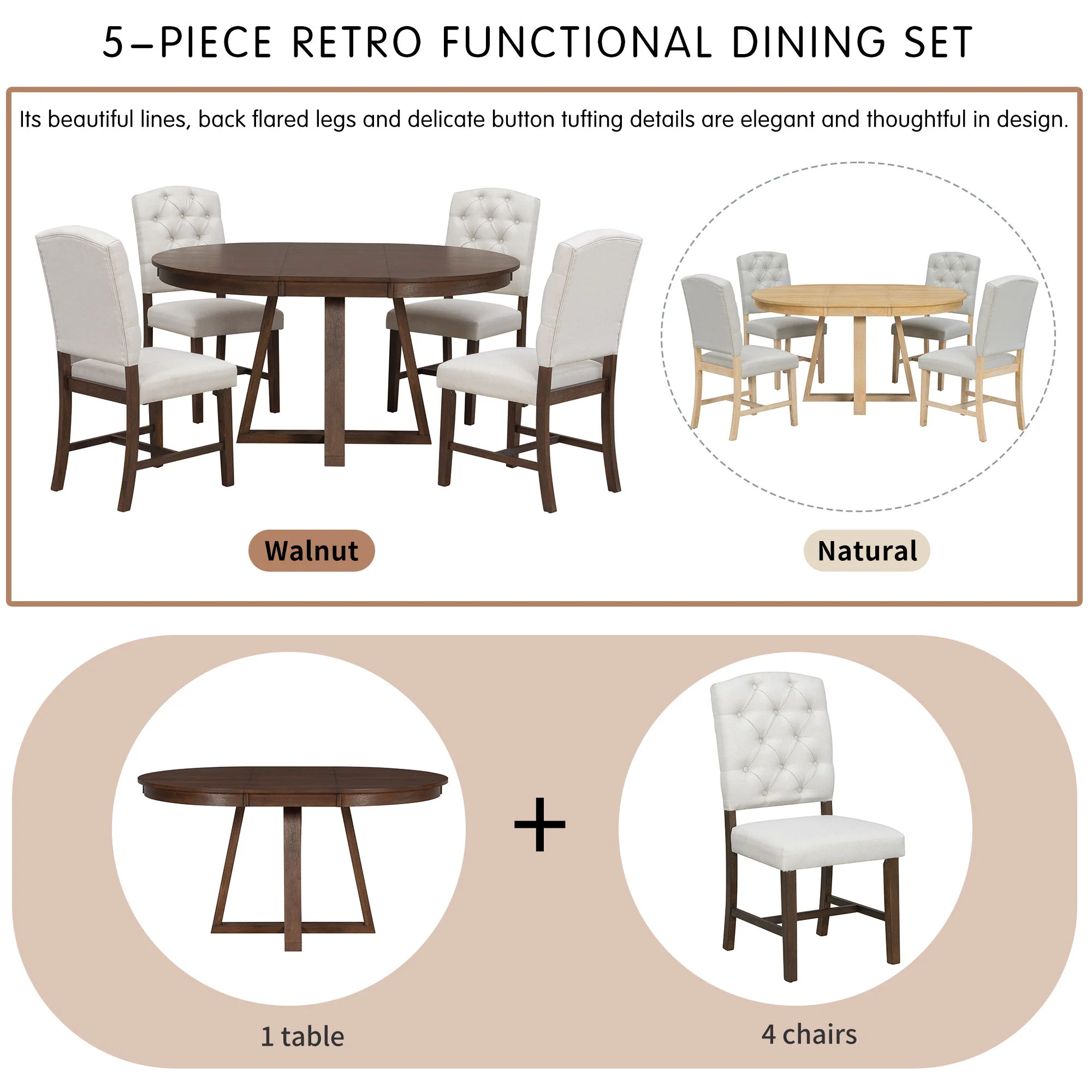 Dining Set With Leaf Round Table And 4 Upholstered Chairs - Image 4