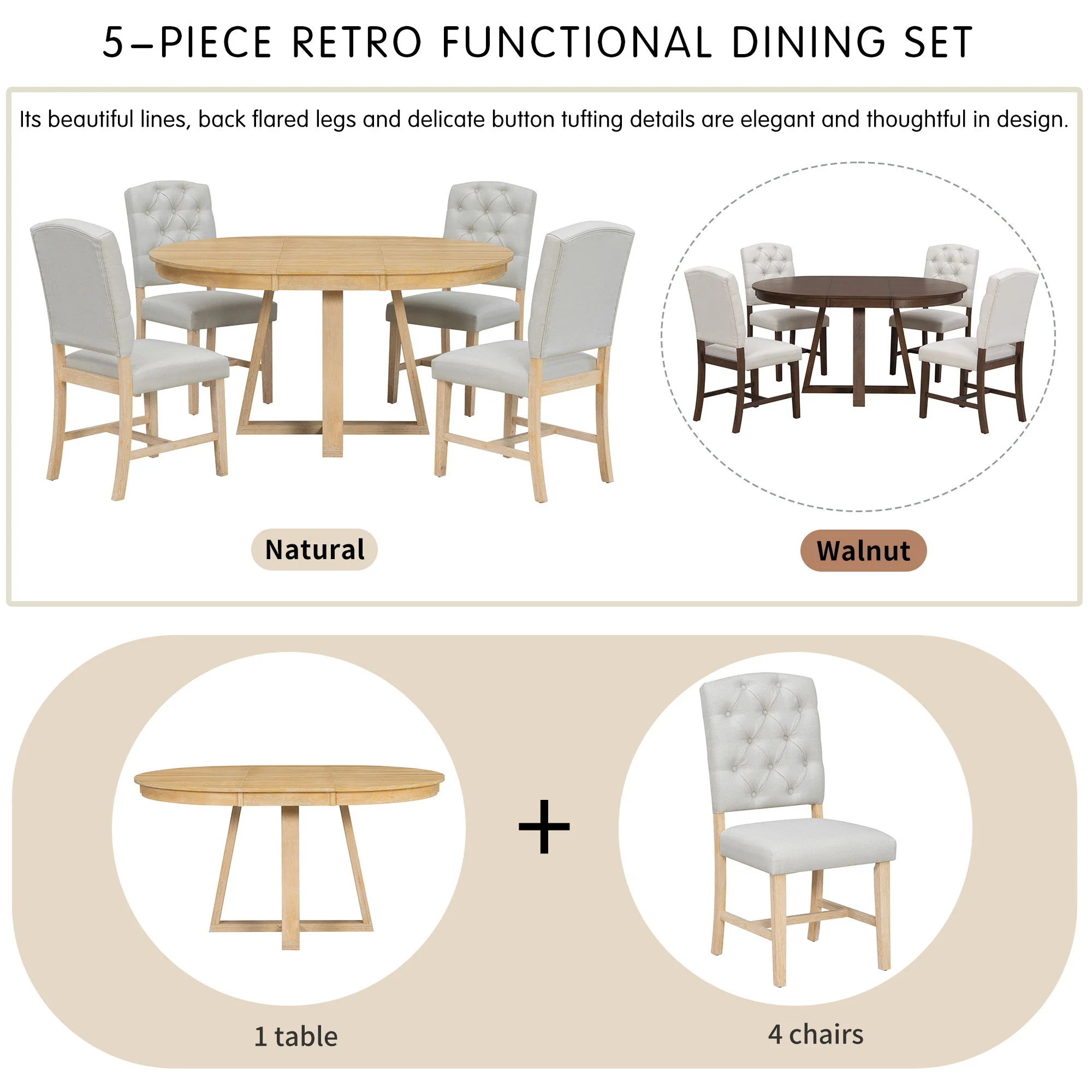 Dining Set With Leaf Round Table And 4 Upholstered Chairs - Image 8