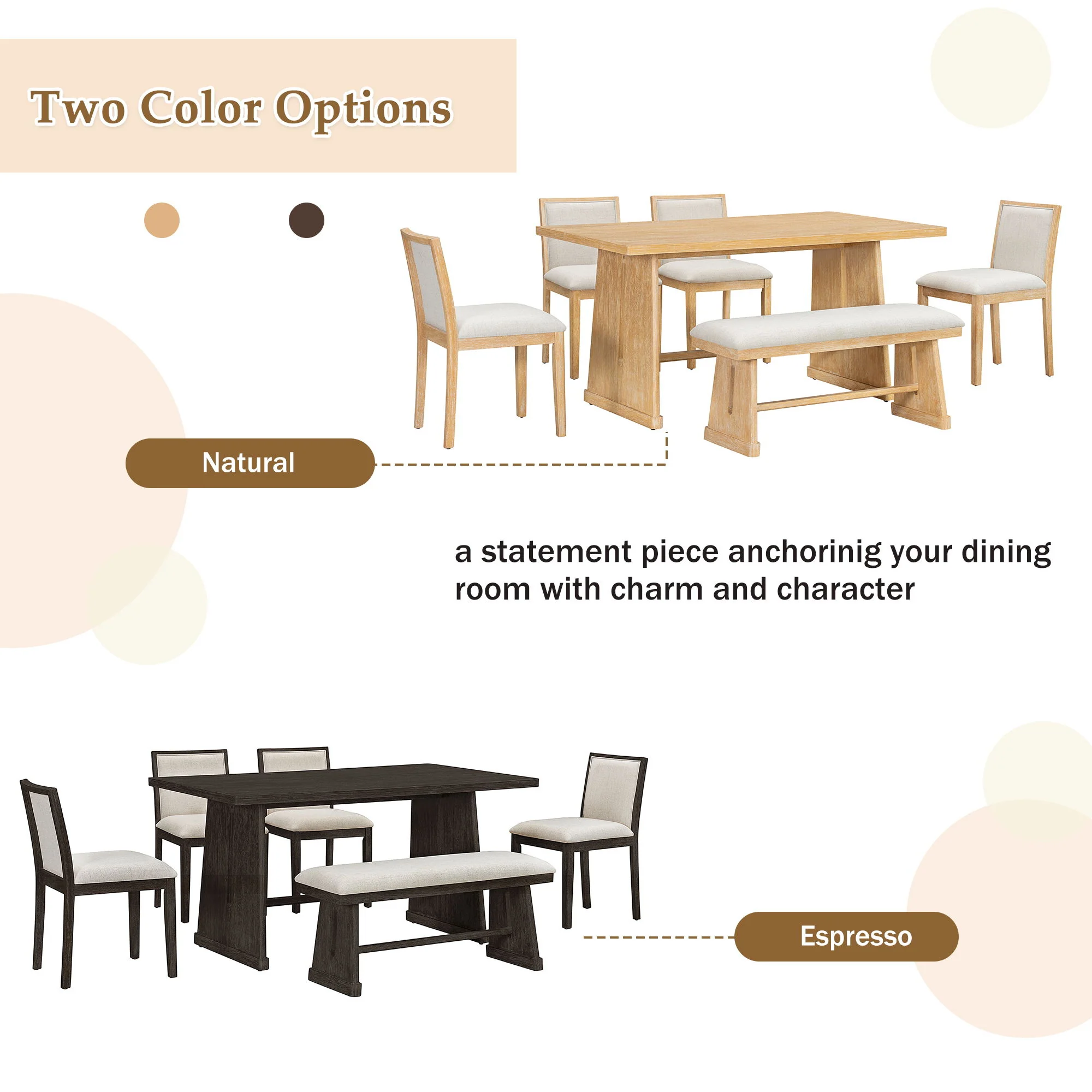 Dining Set With Rectangular Table, 4 Upholstered Chairs & 1 Padded Bench - Image 3