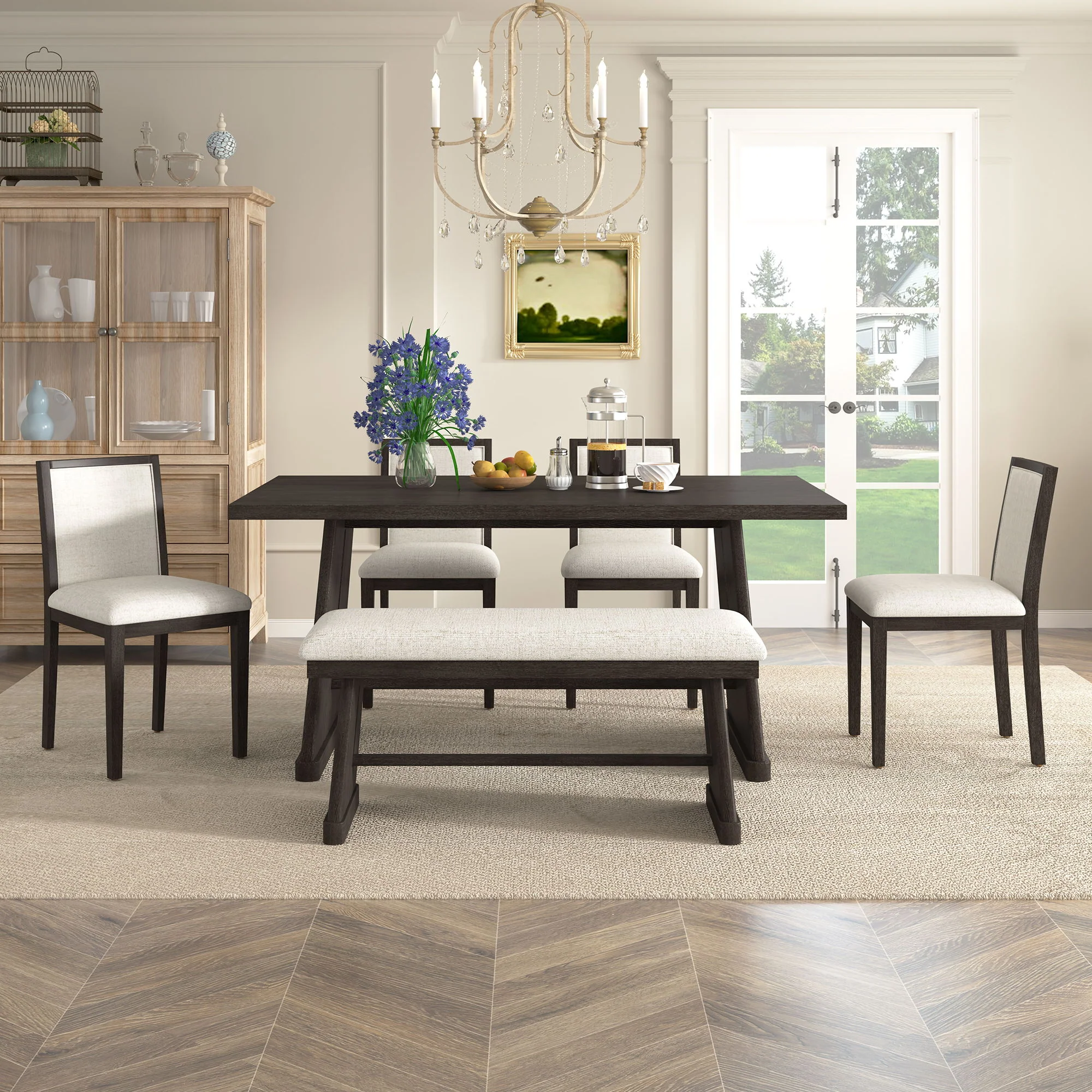 Dining Set With Rectangular Table, 4 Upholstered Chairs & 1 Padded Bench - Image 9