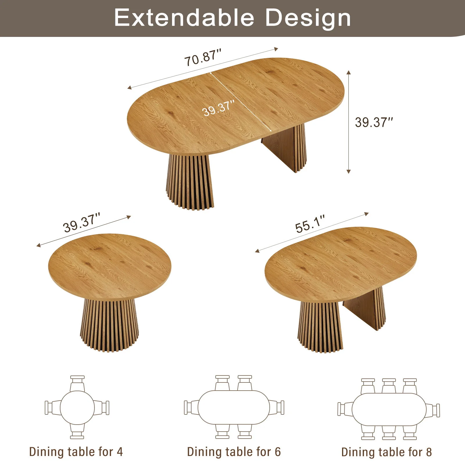 Dining Table, Flexible Extendable Oval Design With Slatted Legs - Natural Wood - Image 2