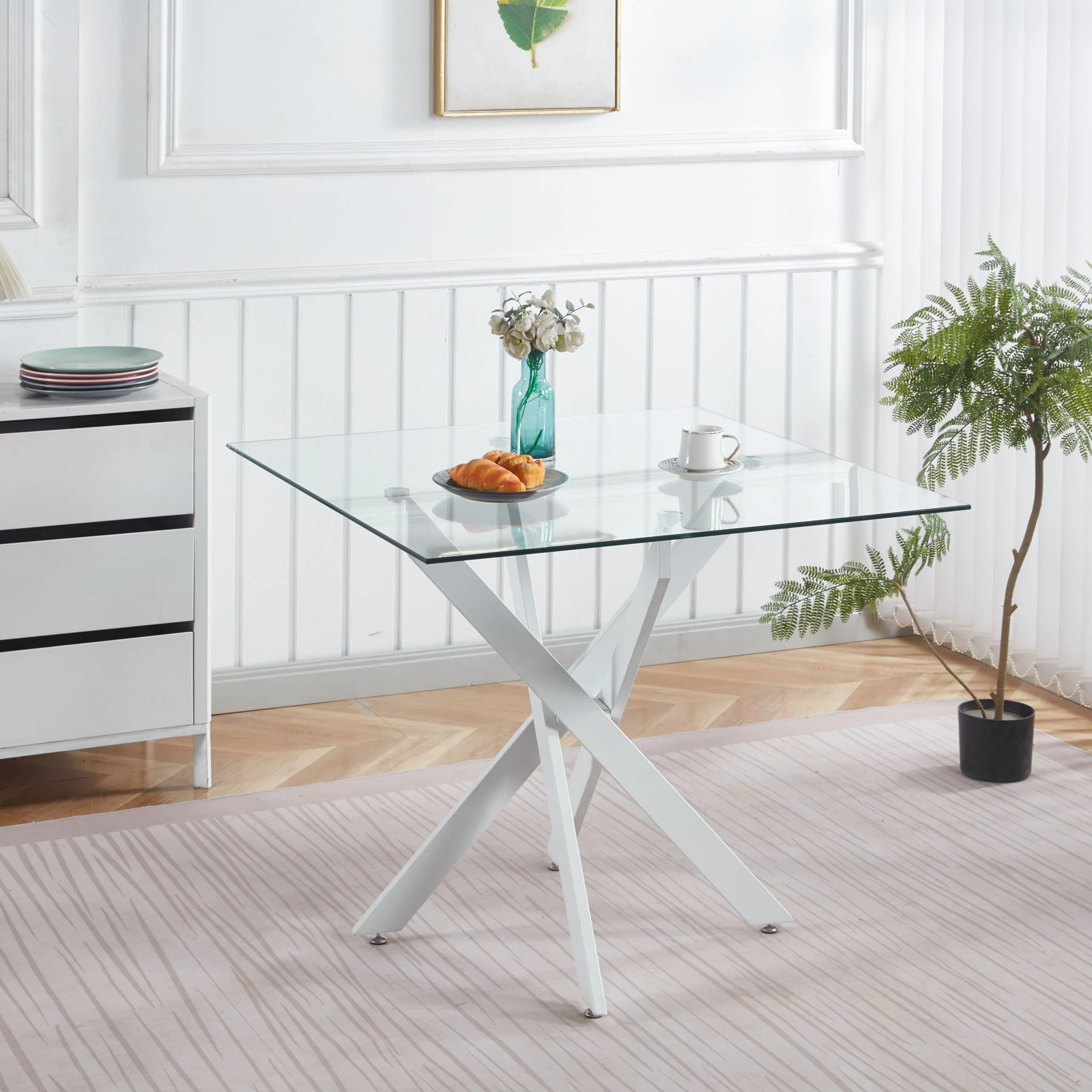 Dining Table With Cross Metal Leg And Tempered Glass, Modern Space Saving Kitchen Table For Living Room Legs, Square Table - Image 24
