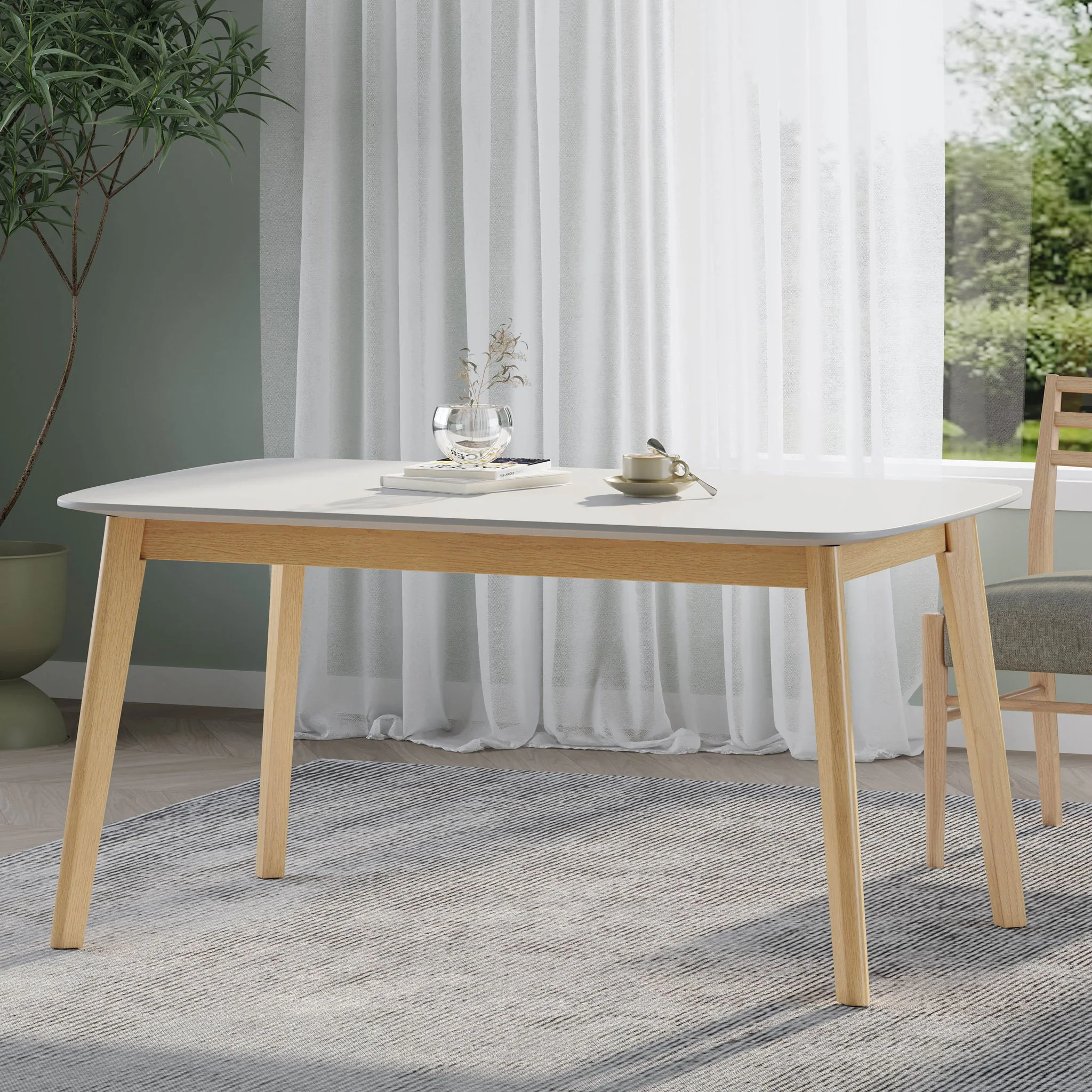 Dining Table With Splayed Rubberwood Legs & Faux Wood Tabletop, Mid Century Modern - White Oak - Image 4