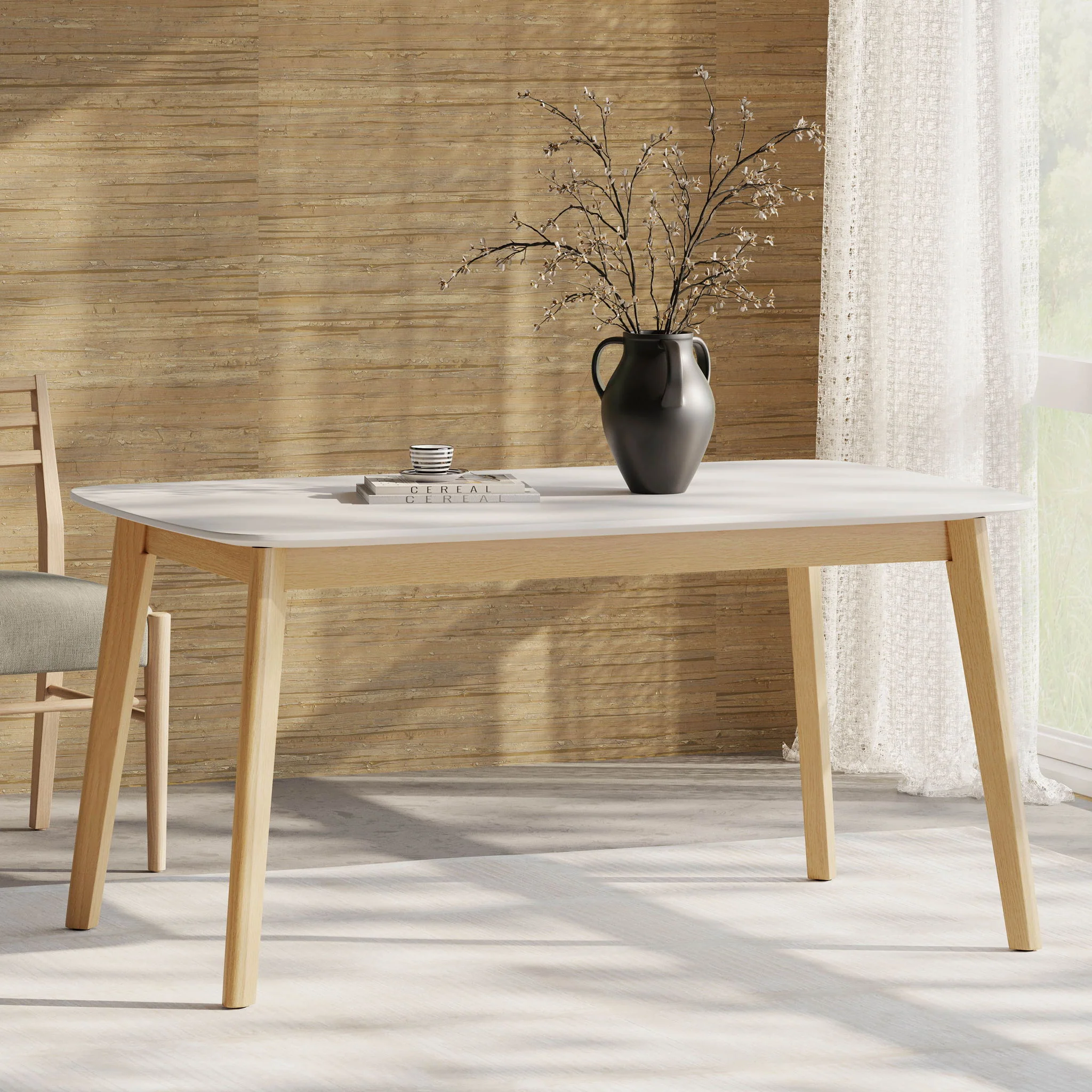 Dining Table With Splayed Rubberwood Legs & Faux Wood Tabletop, Mid Century Modern - White Oak - Image 5