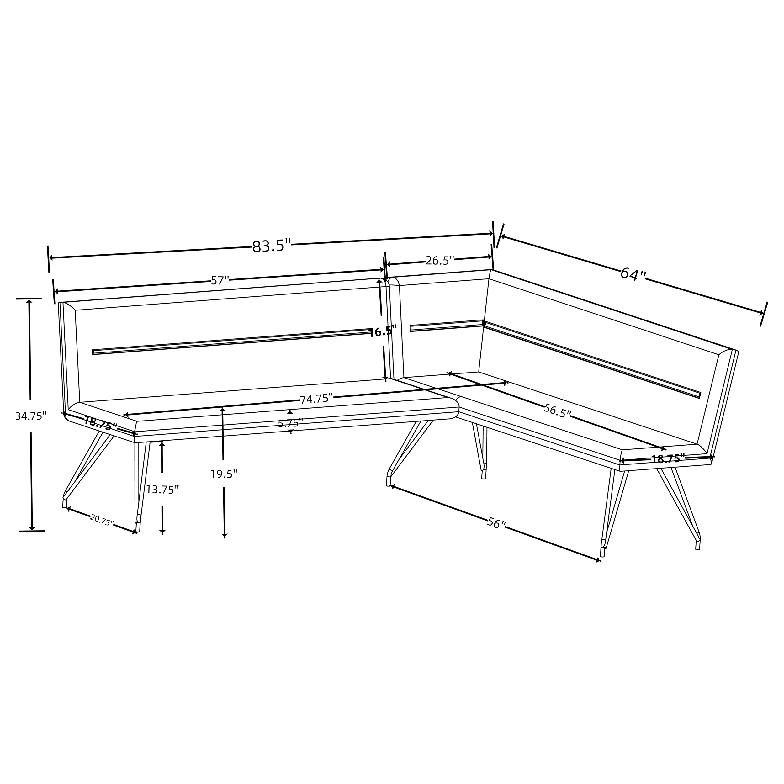 Dodson Fabric Upholstered L-Shaped Nook Dining Bench Grey - Image 6