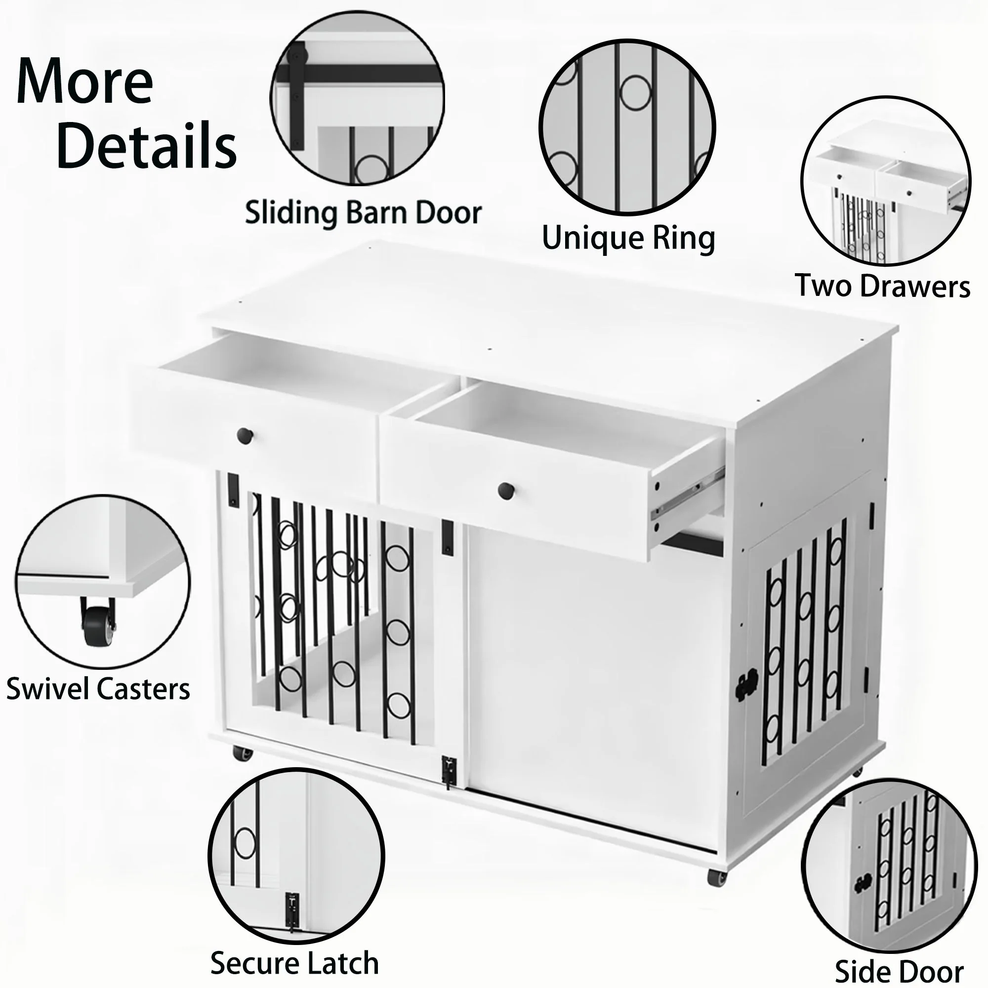 Dog Crate Furniture With Double Drawers And Sliding Barn Door, Pet Kennel For Small To Medium Dogs - White - Image 8