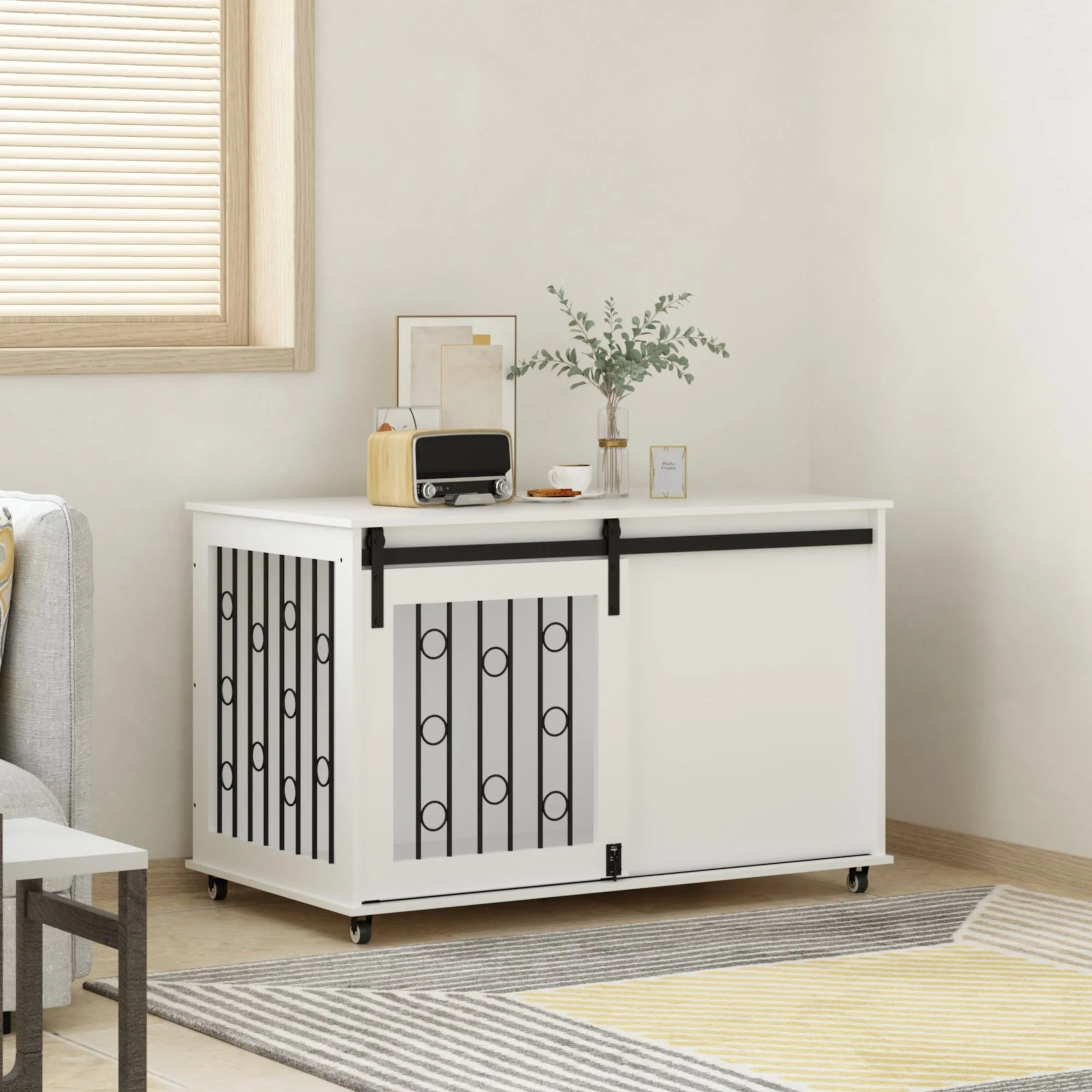 Dog Crate With Sliding Barn Door And Side Access, Lockable Wheels For Small To Medium Dogs - White - Image 7
