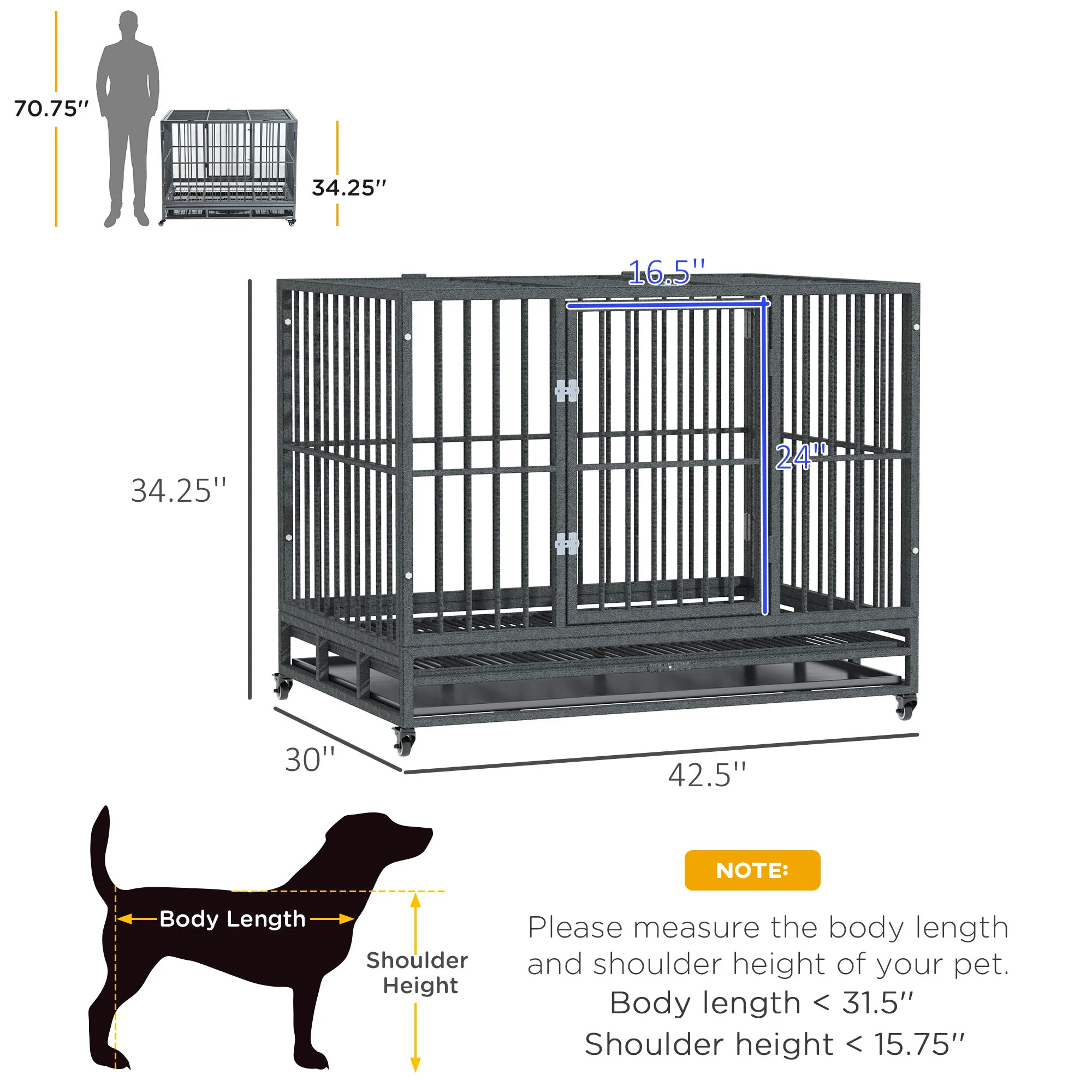 Dolomite 43-Inch Heavy Duty Metal Dog Crate with Floor Grate and Wheels - Image 4