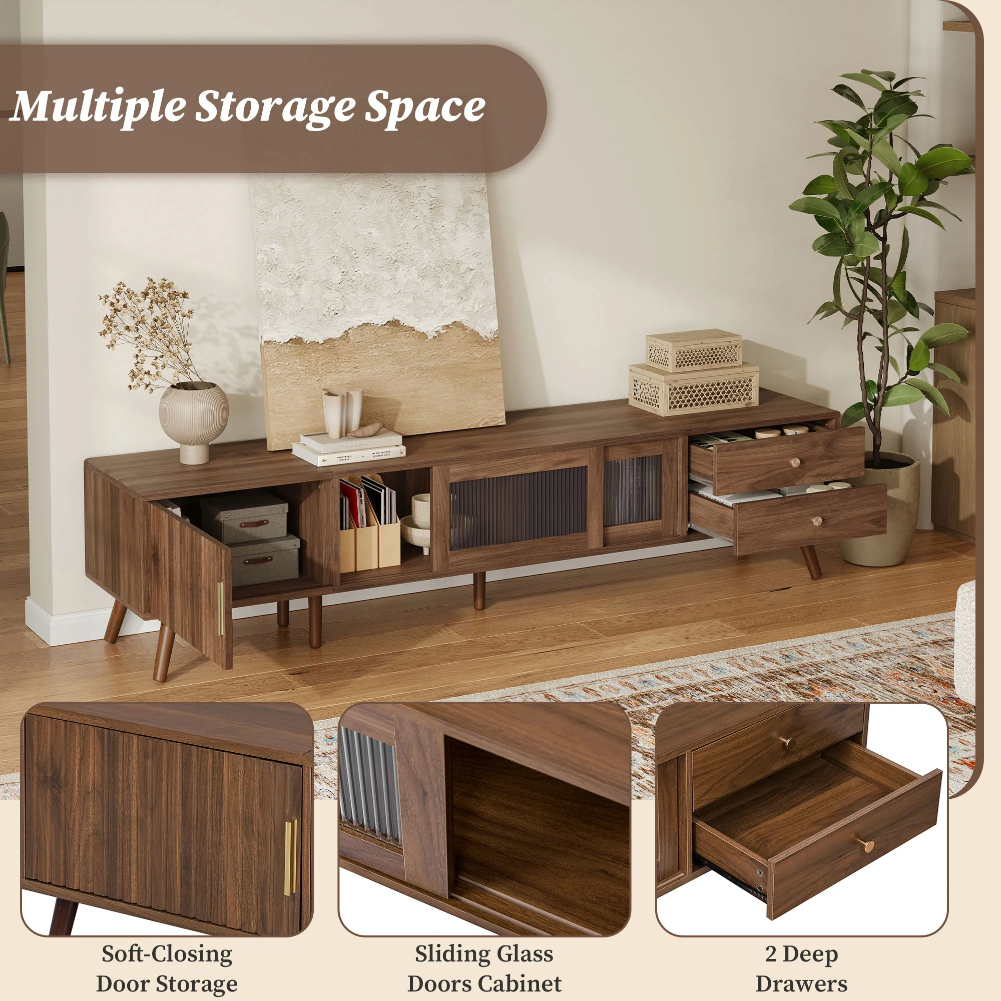 Doors TV Stand For TVs Up To 85", Entertainment Center With Storage Cabinets, TV Media Console Table For Living Room - Natural - Image 7