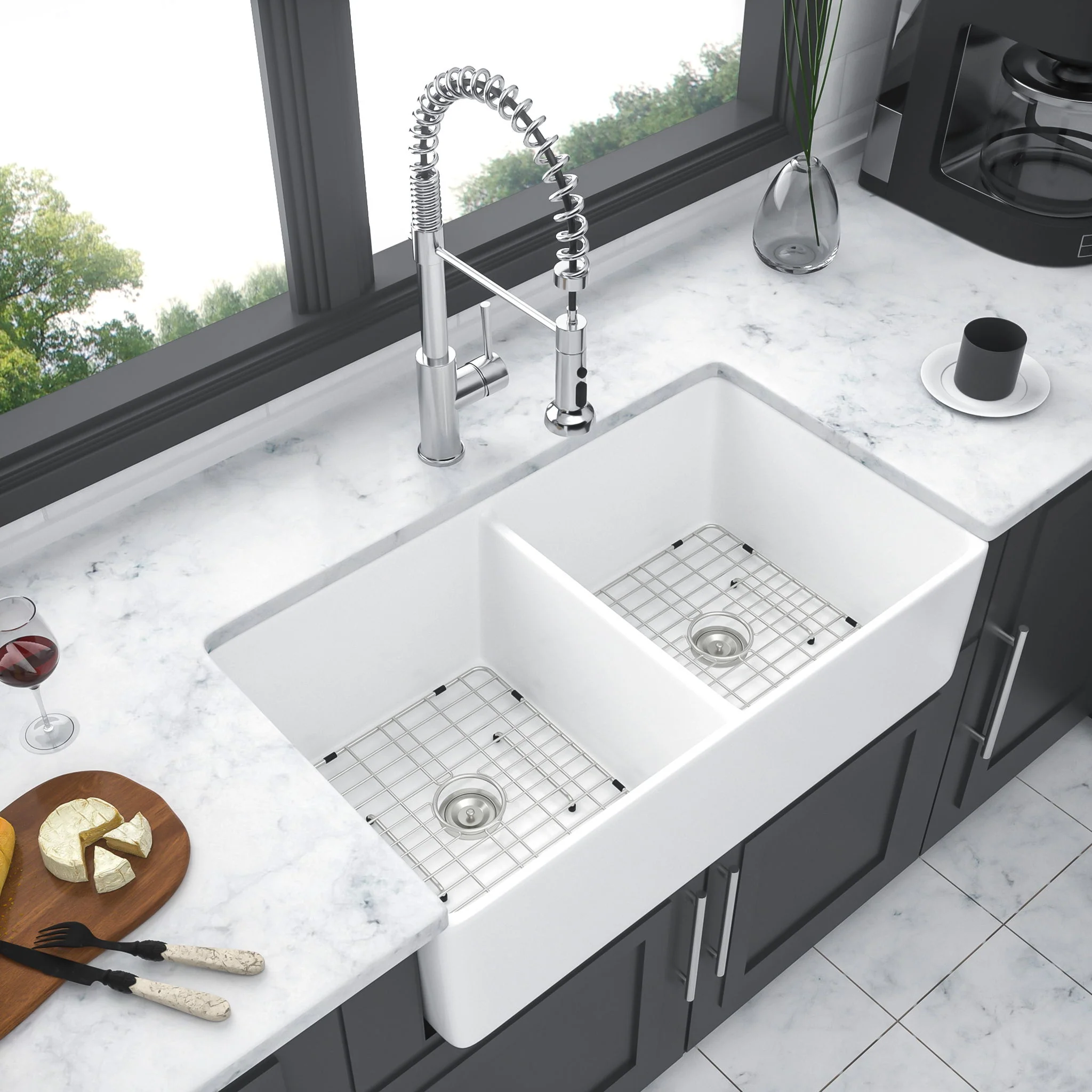 Double Bowl Apron Front Kitchen Sink 32", Sturdy And With Scratch Resistant - White - Image 7