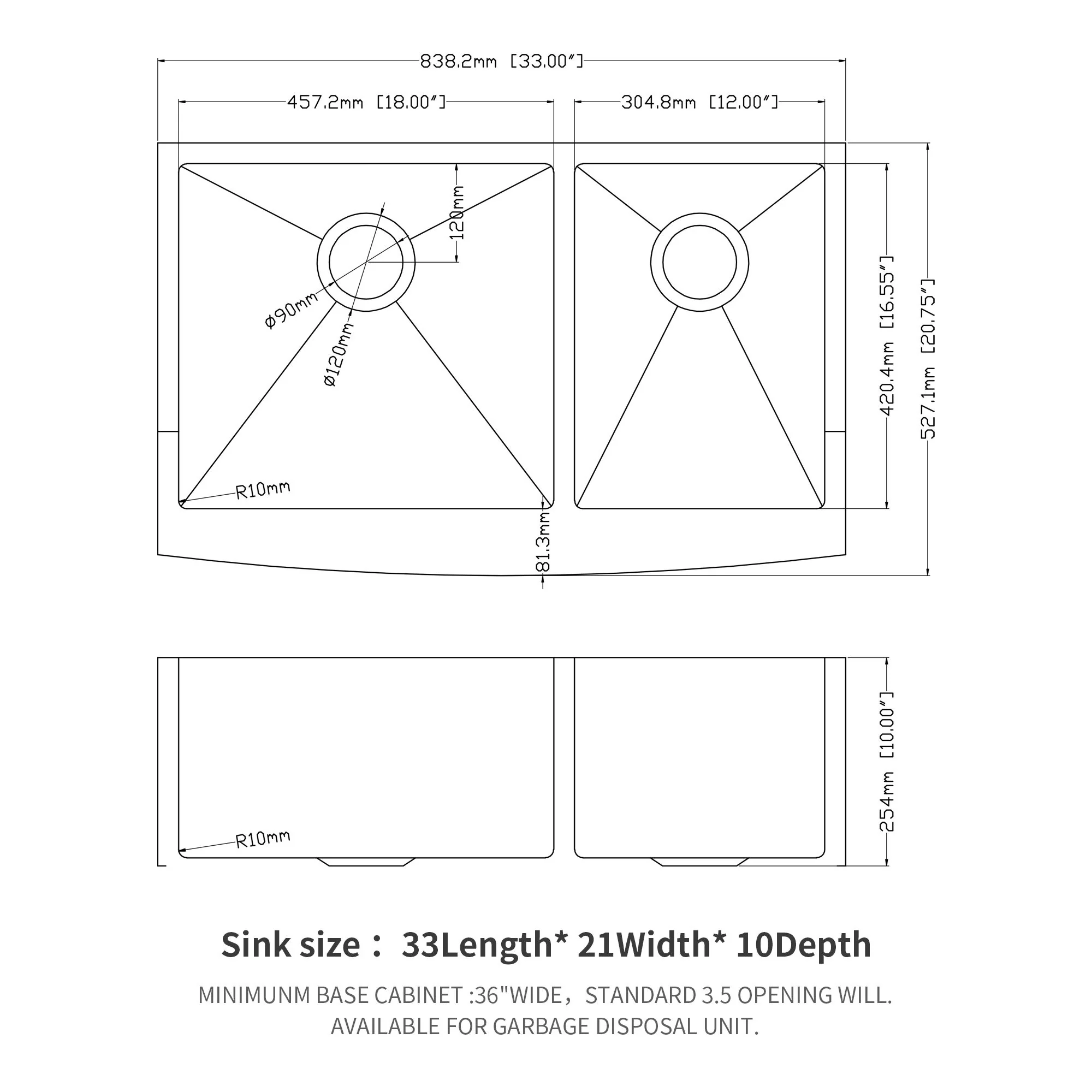 Double Bowl Sink 60 / 40 Split Apron Front Kitchen Sink In 16 Gauge With 2 10" Deep Basins 33" X21" X10" - Brushed Nickel - Image 7