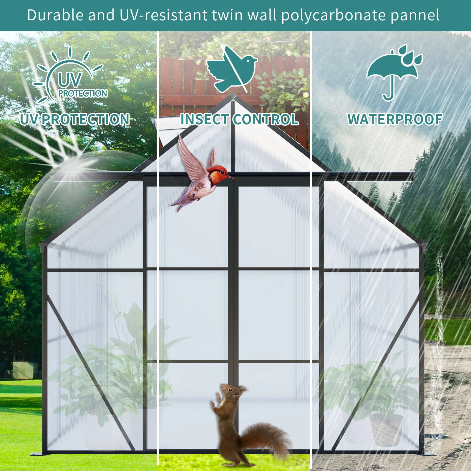 Double Door Polycarbonate house Raised Base And Anchor Aluminum Heavy Duty Walk In houses For Outdoor Backyard In All Season - Image 28