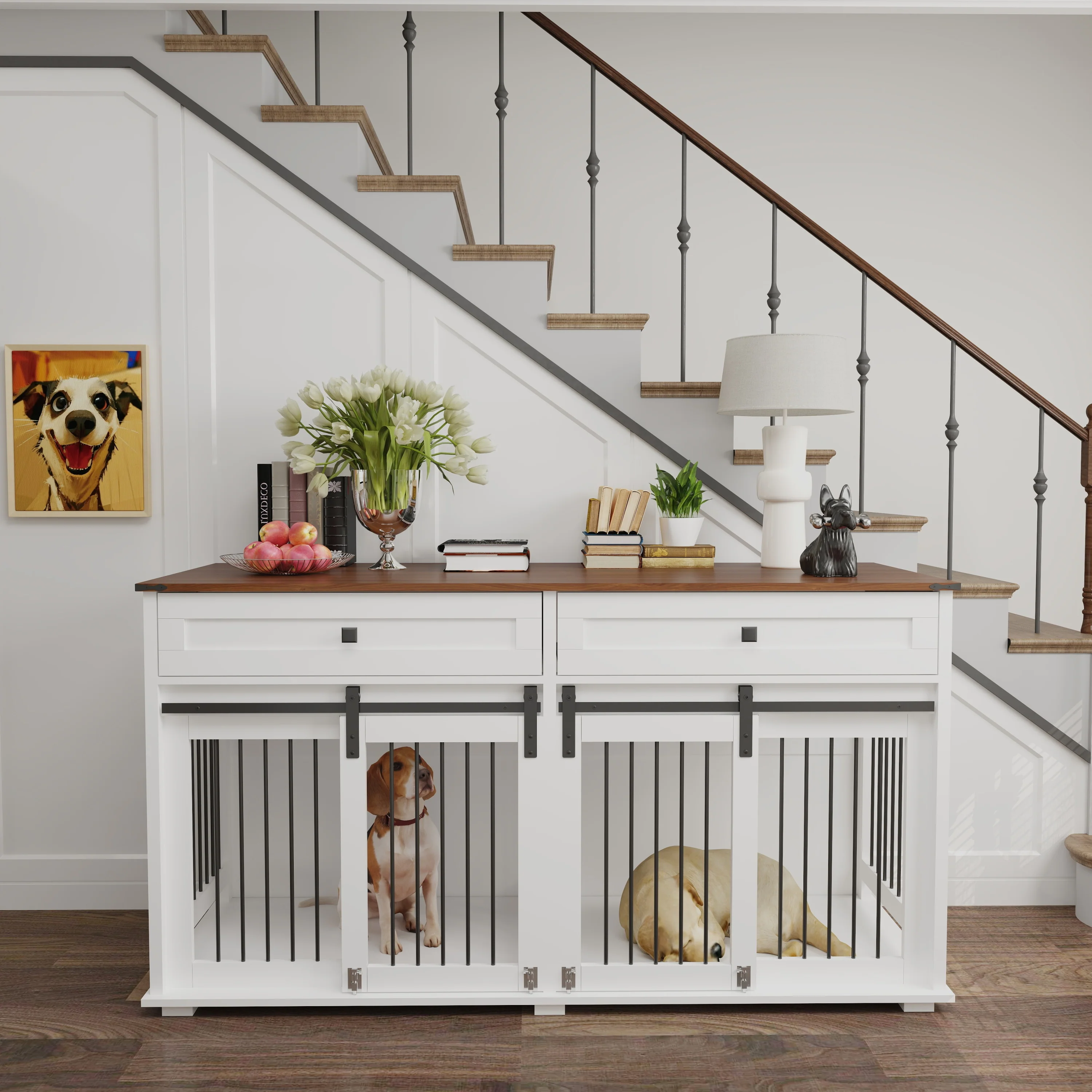 Double Furniture Dog Crate Sliding Barn Doors Removable Divider Wood - Image 11