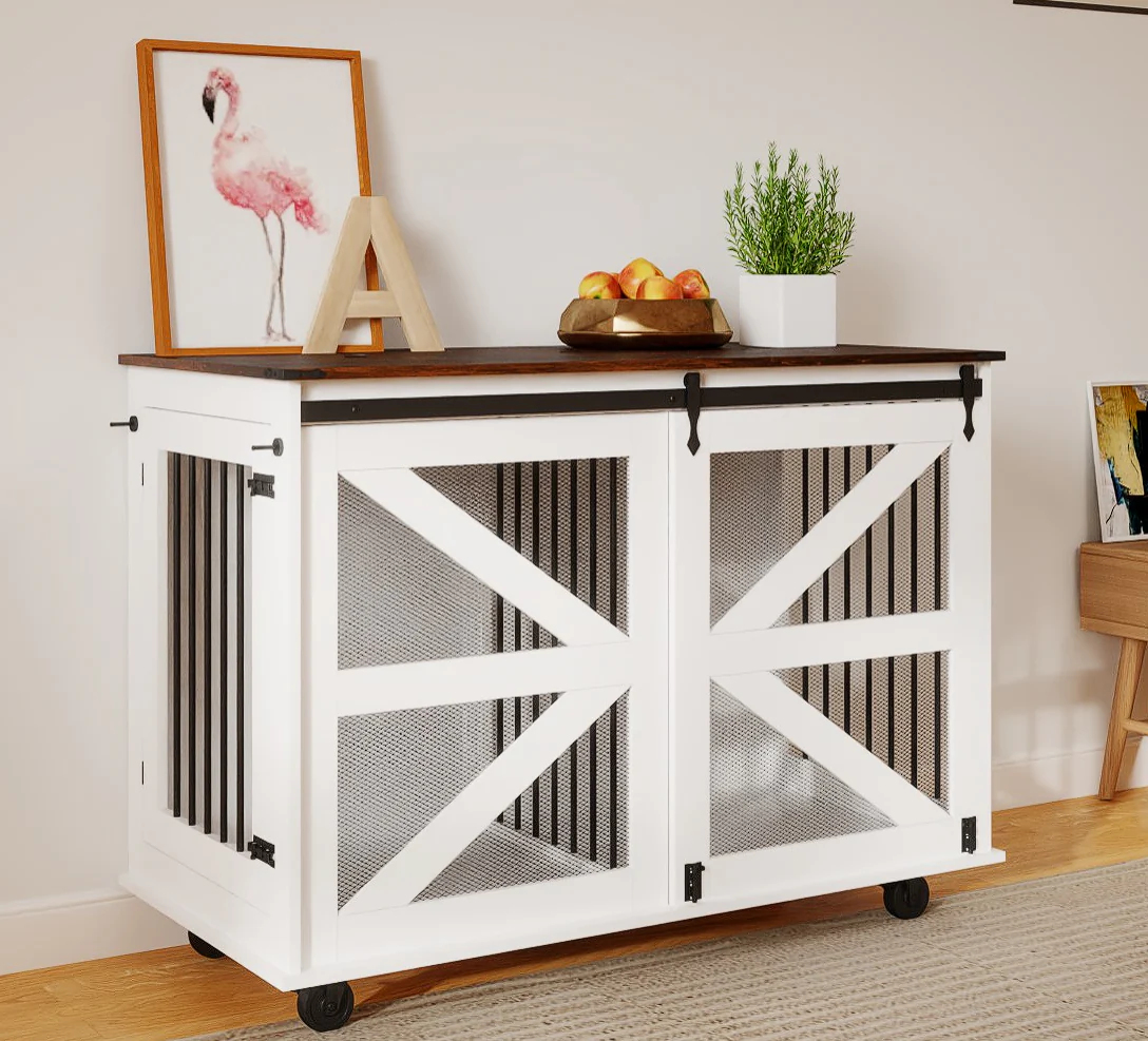 Double Furniture Dog Crate Sliding Barn Doors Removable Divider Wood - Image 48