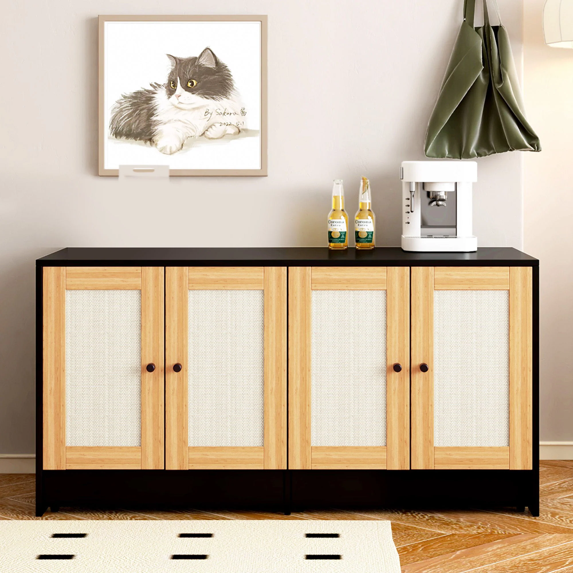 Double Litter Box Enclosure, Cat Litter Box Enclosure For 2 Cats, Hidden Litter Box Furniture With Rattan Doors - Black - Image 5