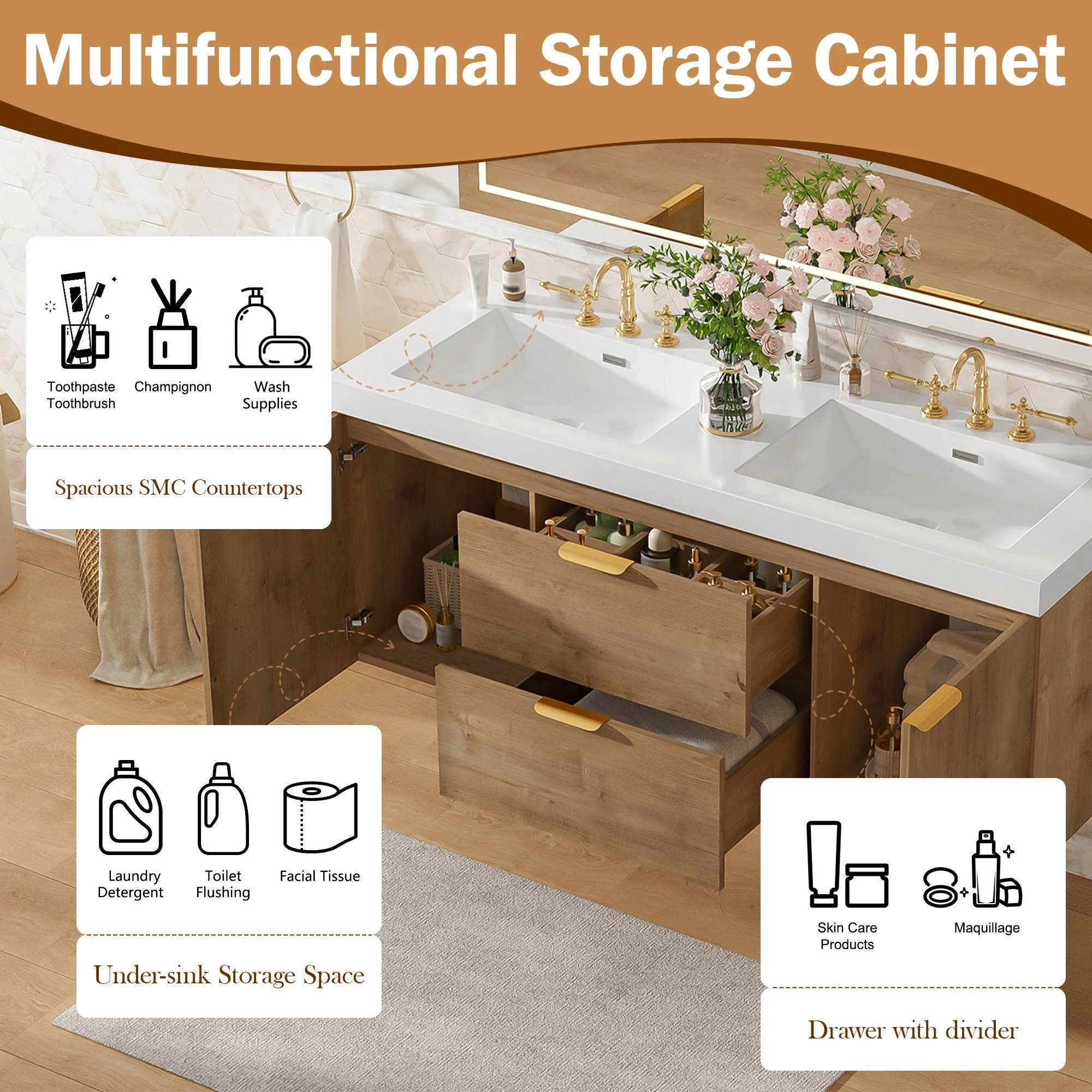 Double Sink Bathroom Vanity Soft Close Doors, Divided Drawers, Wall Mounted - Wood - Image 4