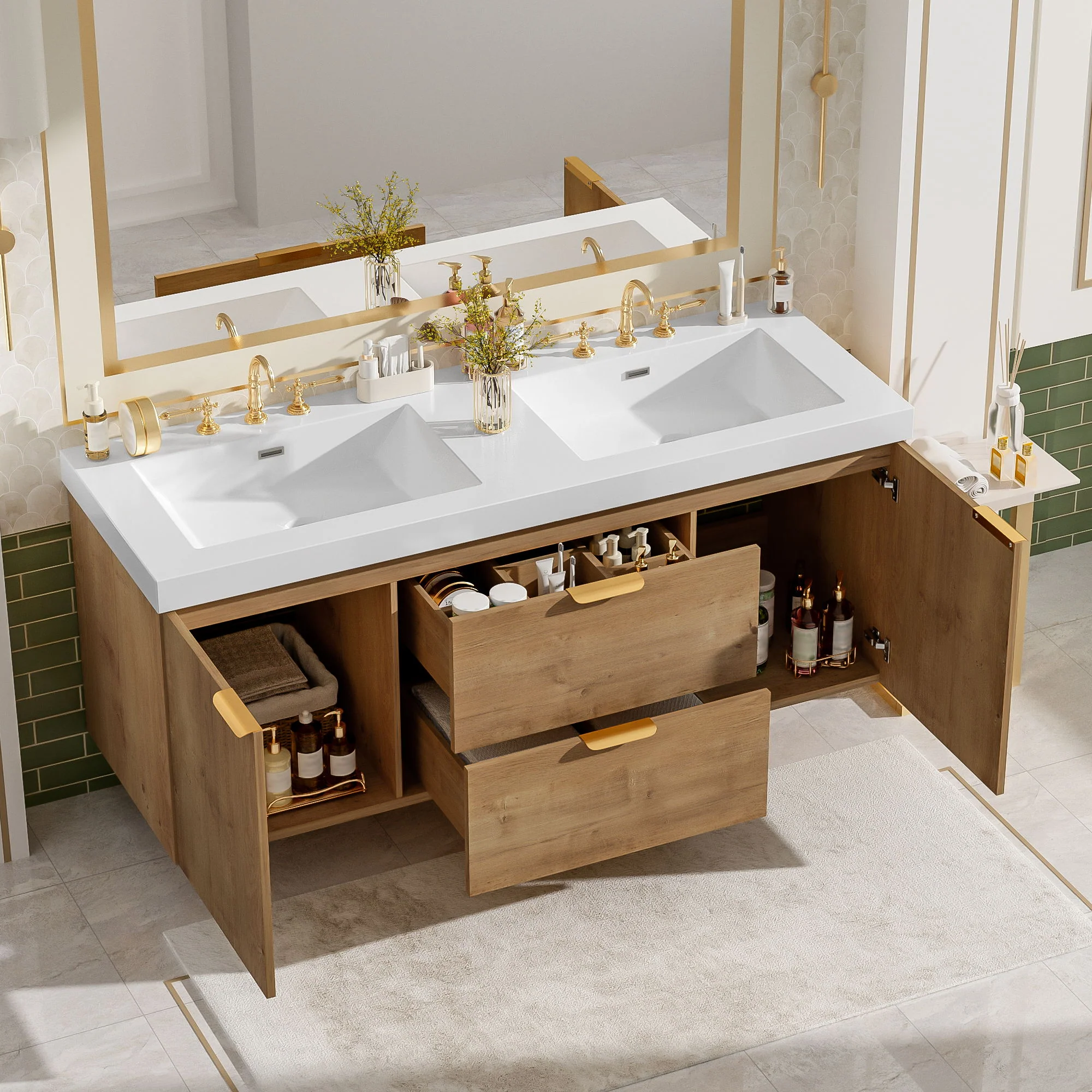 Double Sink Bathroom Vanity Soft Close Doors, Divided Drawers, Wall Mounted - Wood - Image 9