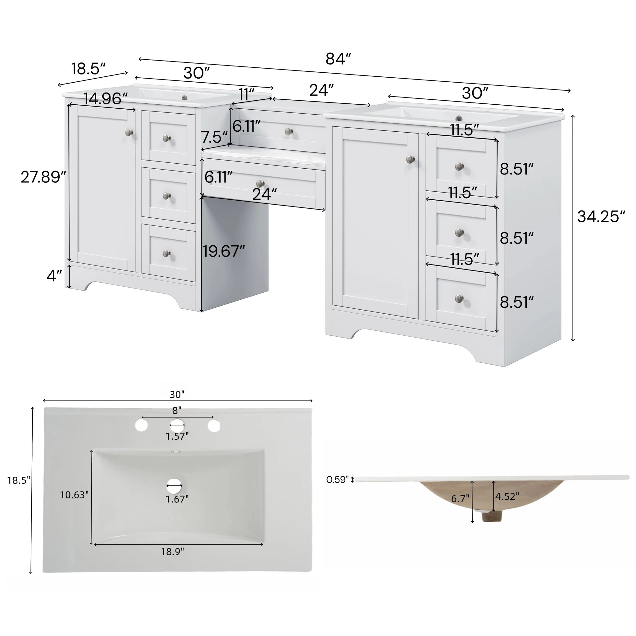 Double Sink Bathroom Vanity With Countertop, 2 Ceramic Sinks, 6 Drawers, Soft Close Design - Image 18