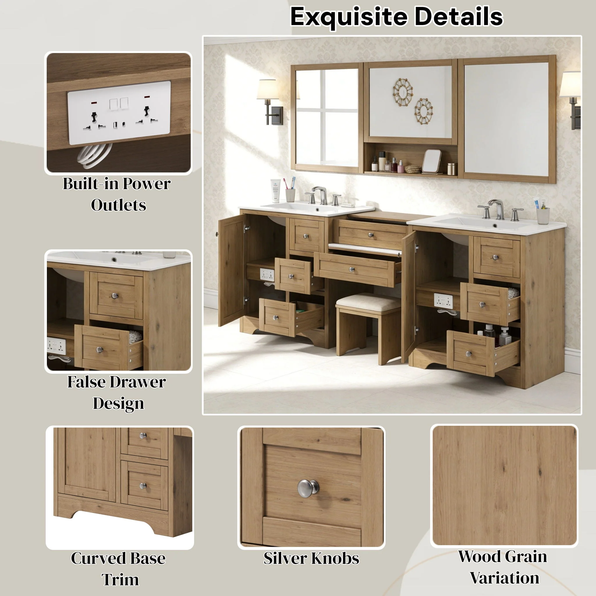 Double Sink Bathroom Vanity With Countertop, 2 Ceramic Sinks, 6 Drawers, Soft Close Design - Image 5