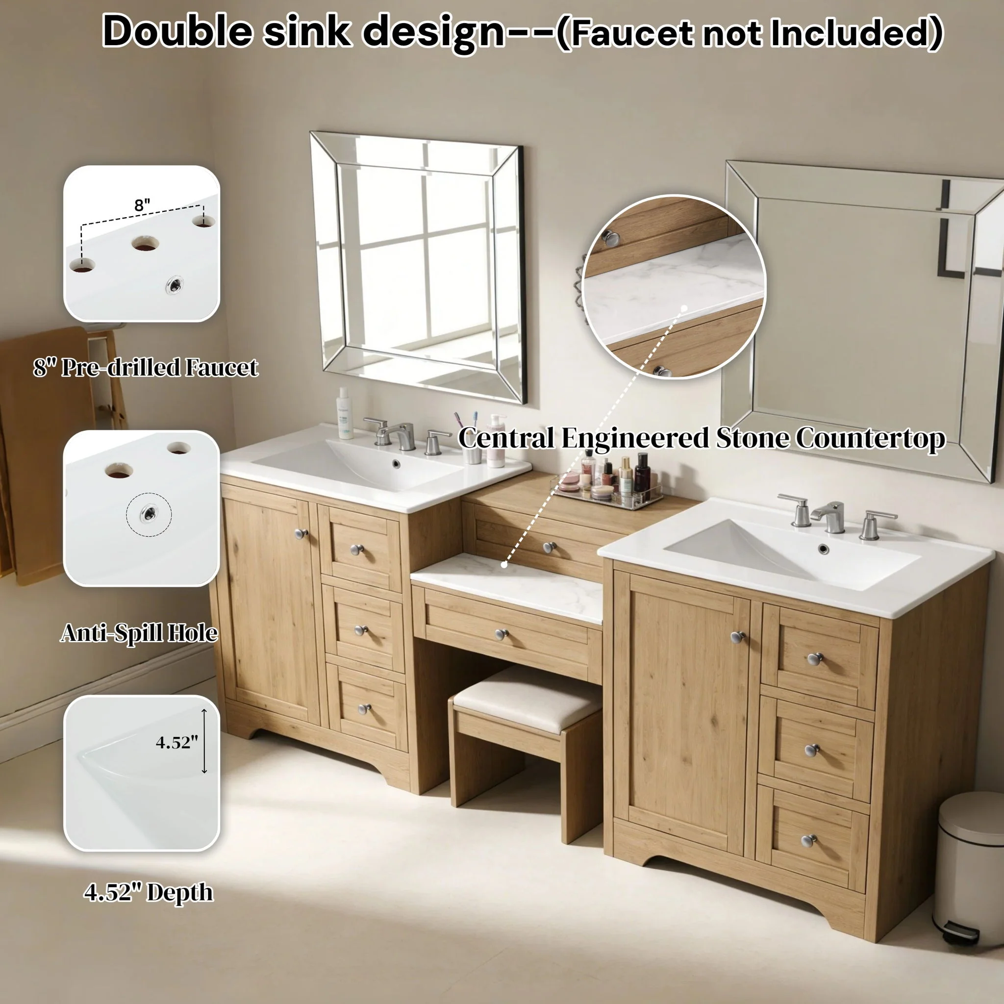Double Sink Bathroom Vanity With Countertop, 2 Ceramic Sinks, 6 Drawers, Soft Close Design - Image 6