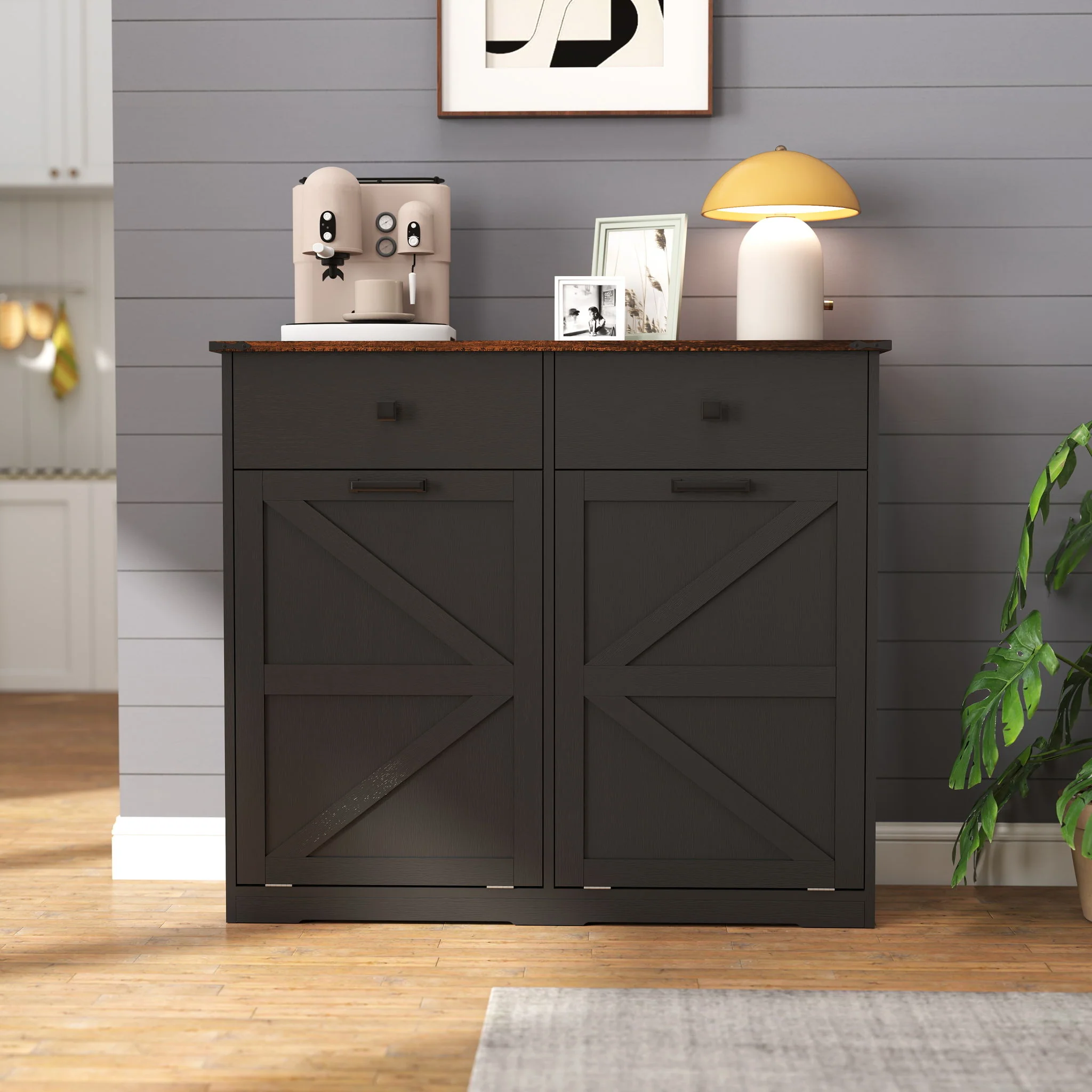 Double Tilt Out Trash Cabinet With Hideaway Drawer And Barn Door Style - Image 6