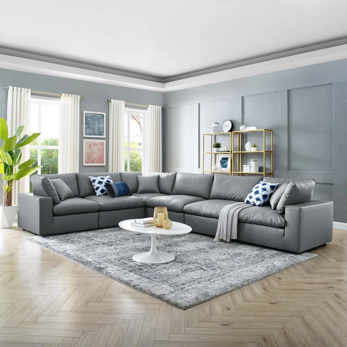 Down Filled Overstuffed Vegan Leather 6-Piece Sectional Sofa 158 Inch in Gray - Image 9