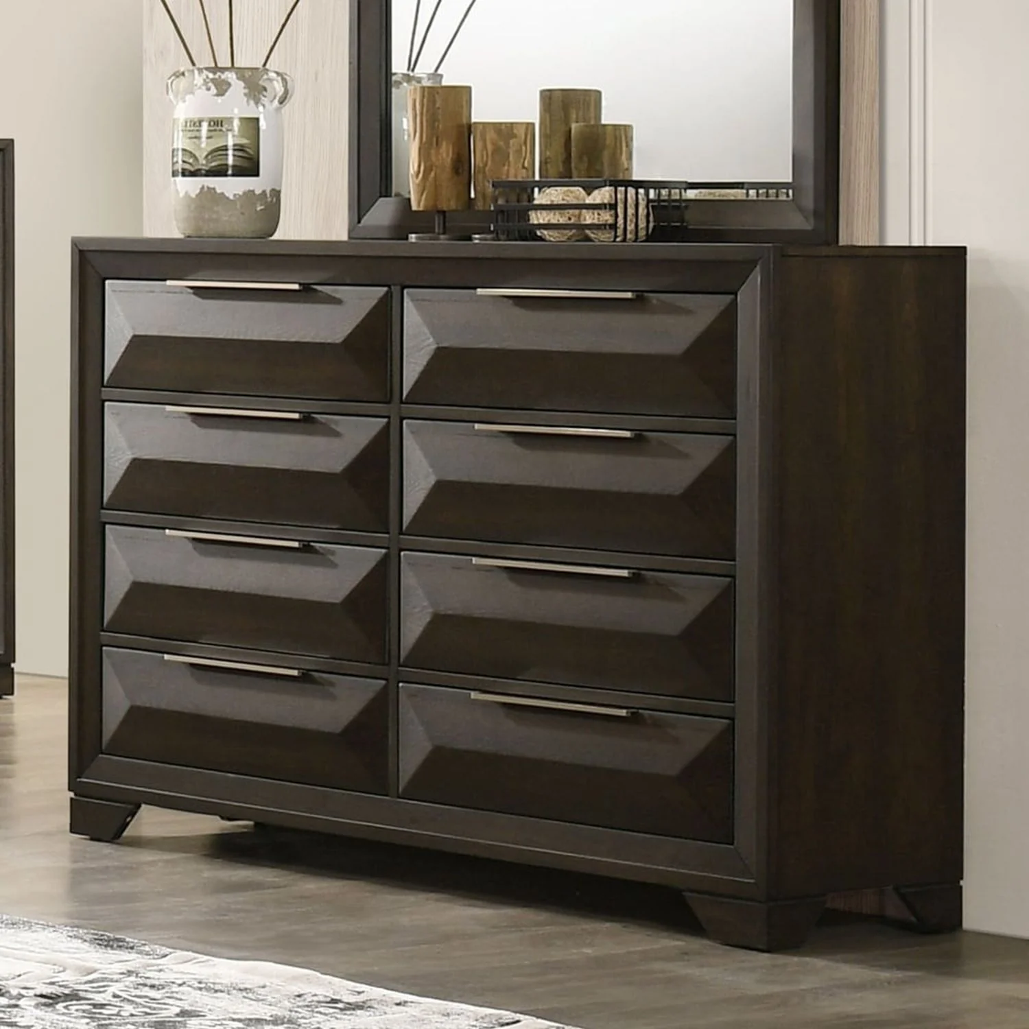 Dresser With Mirror Beveled Bracket Feet Handles 8 Drawers - Espresso - Image 4