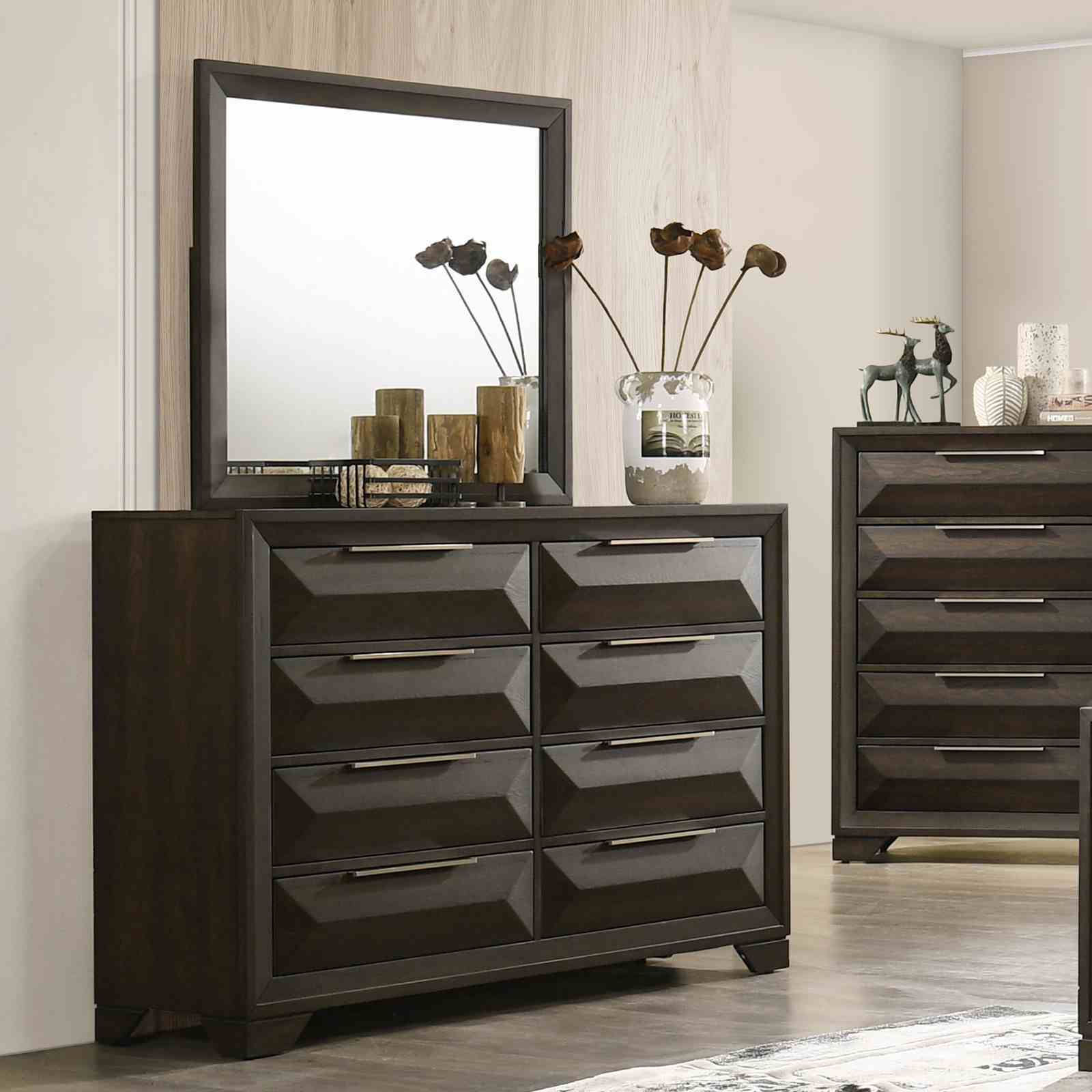 Dresser With Mirror Beveled Bracket Feet Handles 8 Drawers - Espresso - Image 7