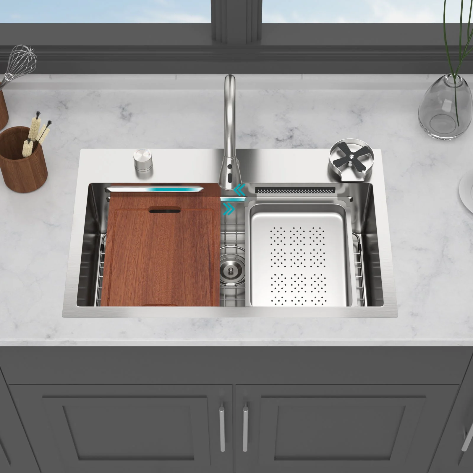 Drop In Waterfall Kitchen Sink With Pull Out Faucet & Cup Washer - Image 11