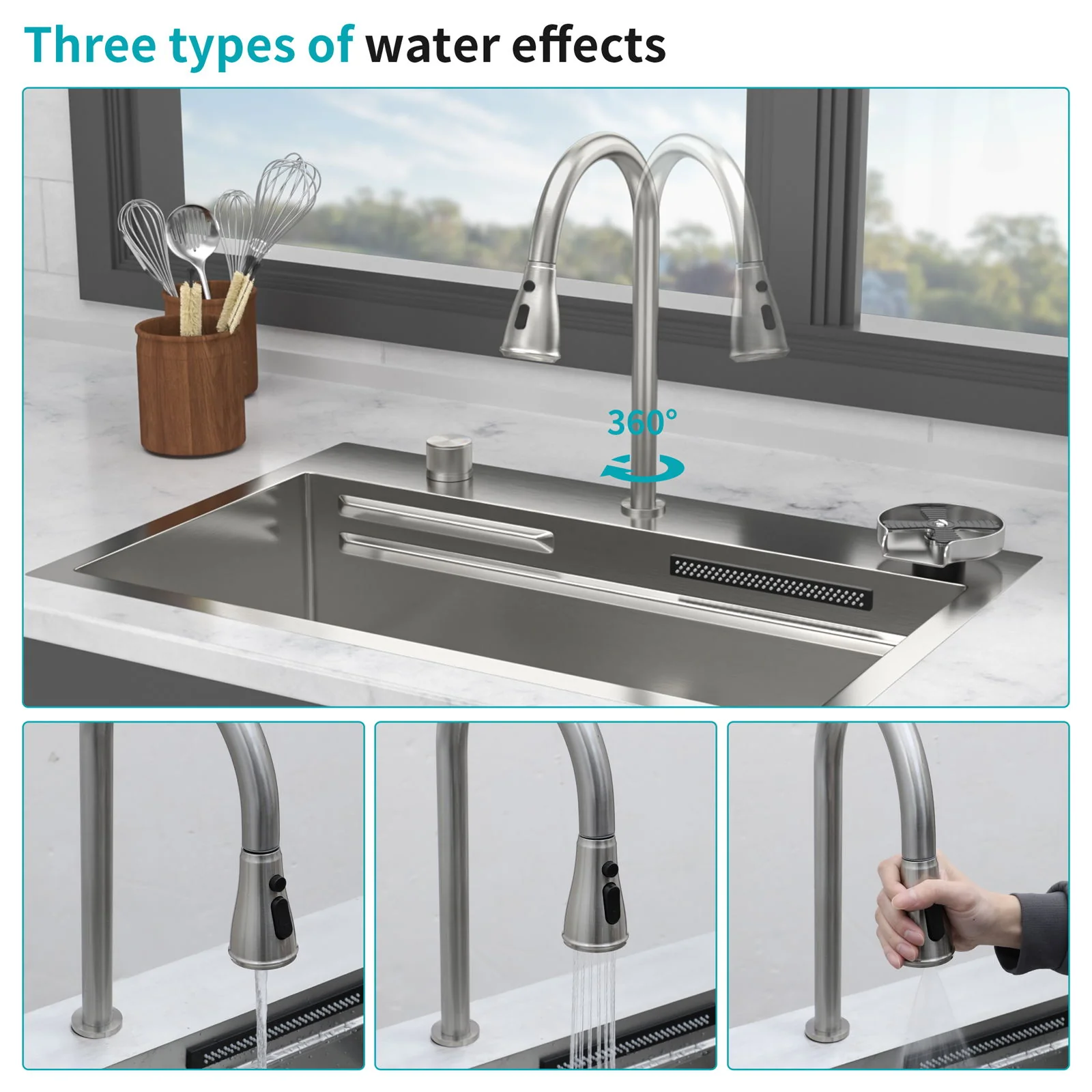 Drop In Waterfall Kitchen Sink With Pull Out Faucet & Cup Washer - Image 16