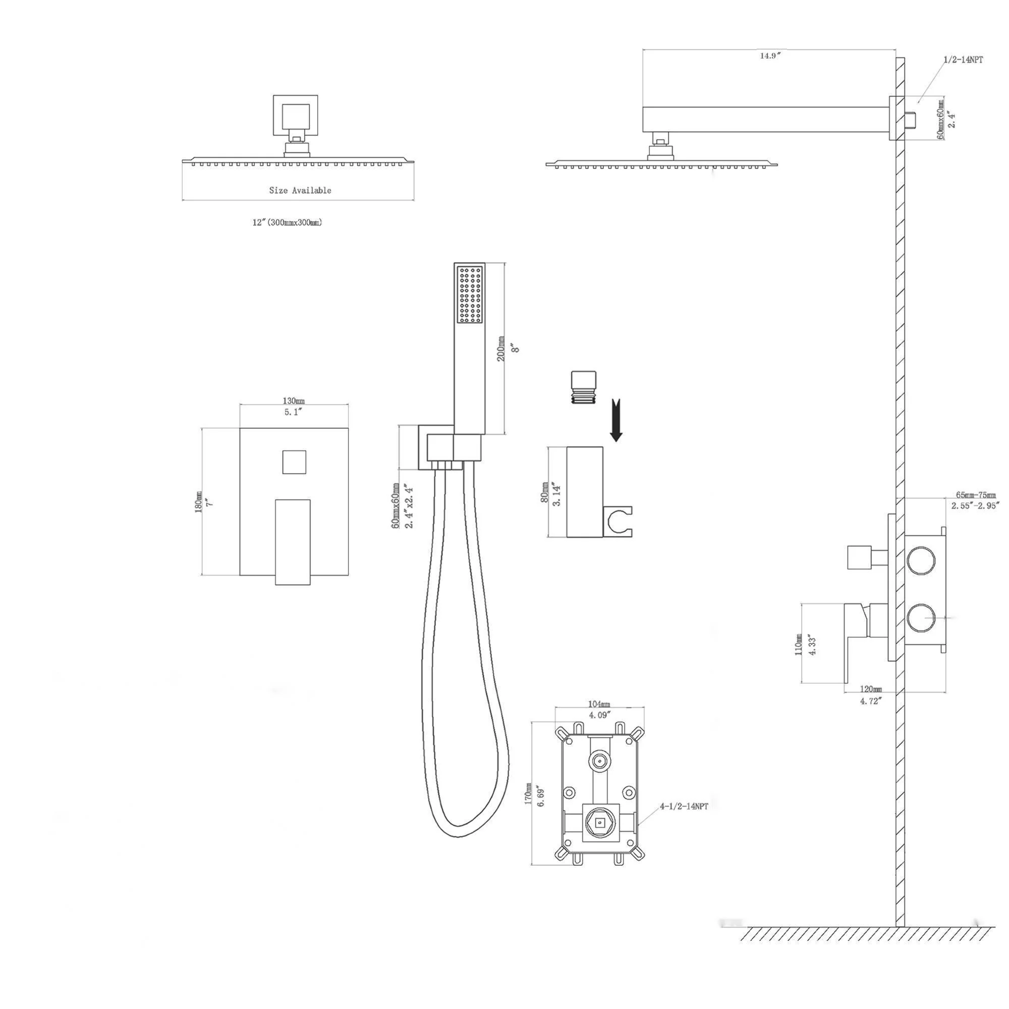 Dual Shower Head System With 12" Square Rain Shower And Rough In Valve - Image 13