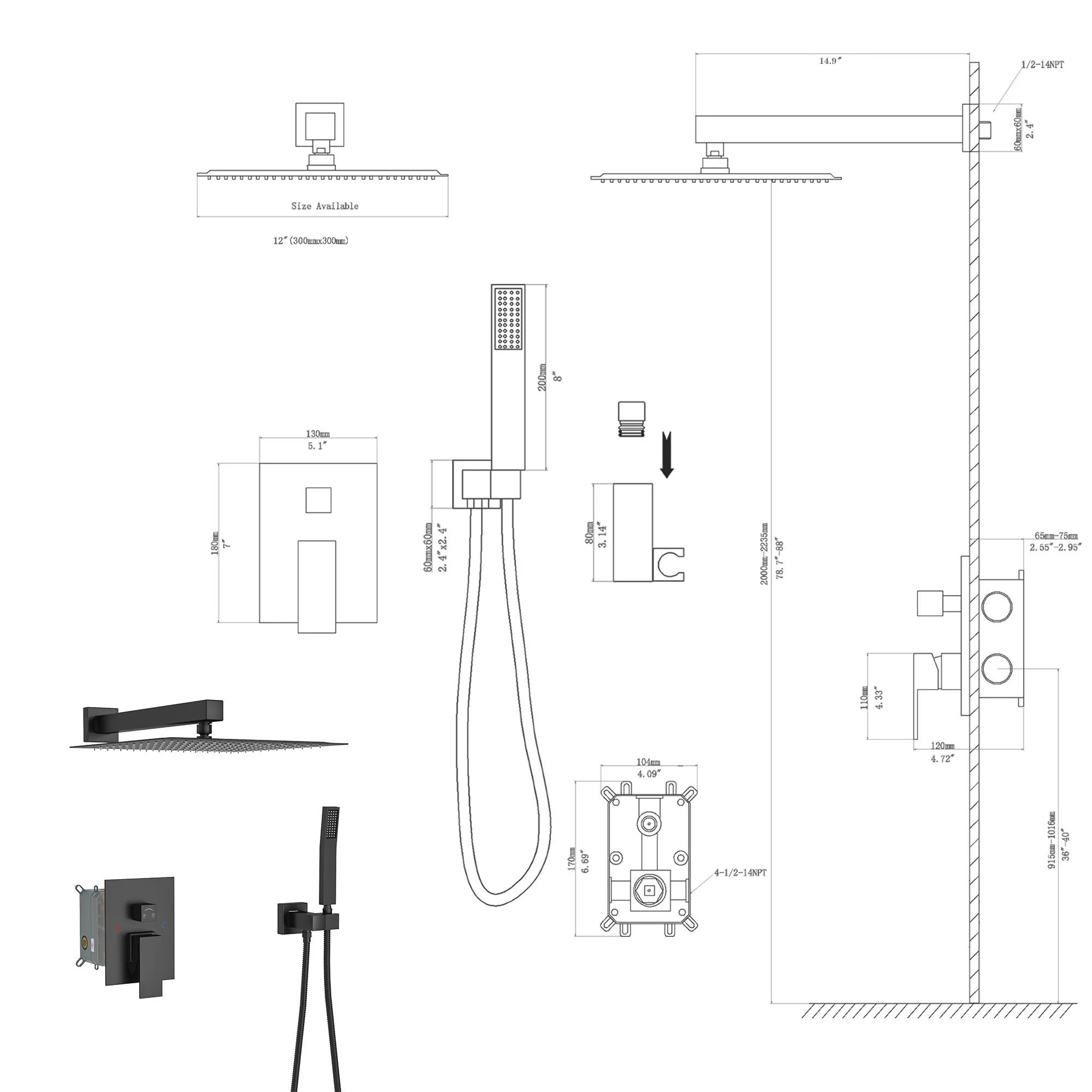 Dual Shower Head System With 12" Square Rain Shower And Rough In Valve - Image 21