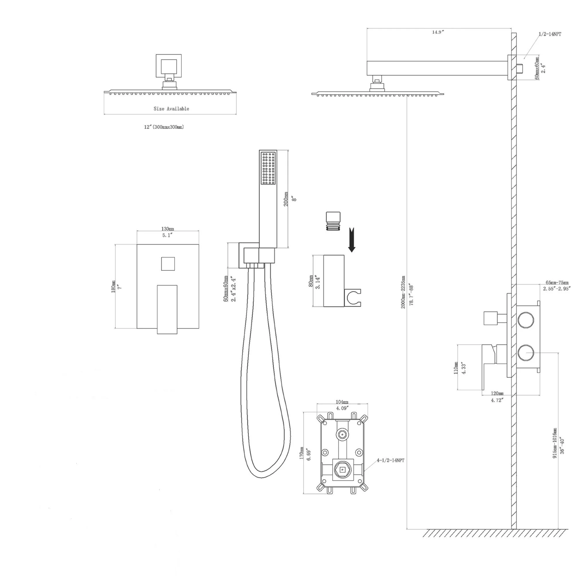 Dual Shower Head System With 12" Wall Mounted Square Rain Shower And Rough In Valve - Image 10