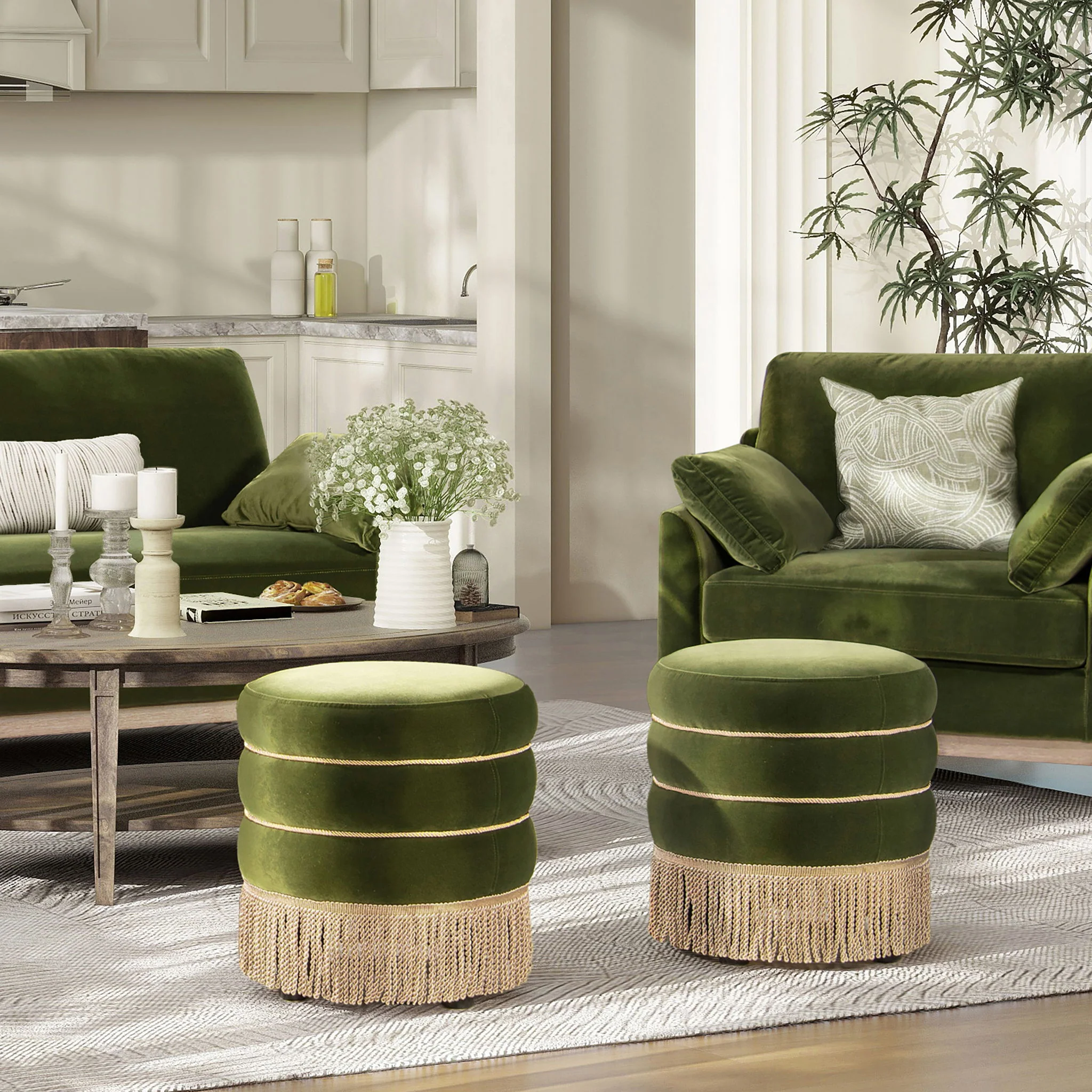 Edward - Round Upholstered Ottoman With Bullion Fringe - Olive Green - Image 3