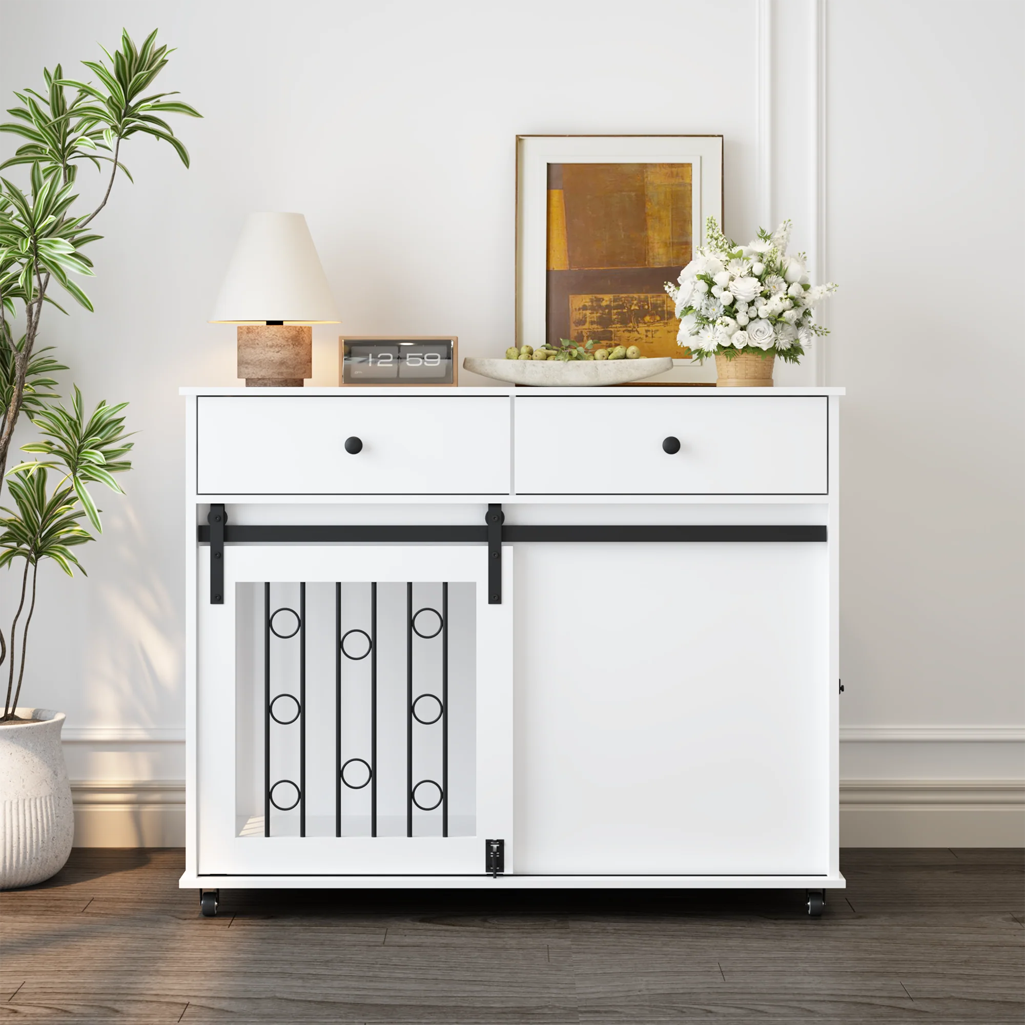 Elanora 39-Inch Sliding Barn Door Dog Crate Furniture with 2 Storage Drawers - Image 11