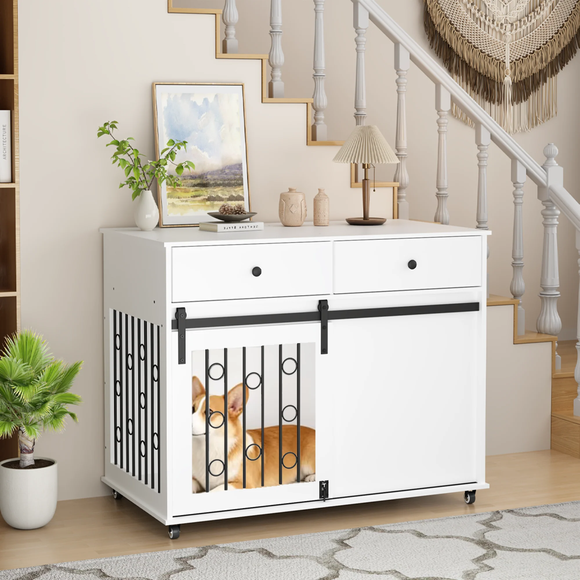 Elanora 39-Inch Sliding Barn Door Dog Crate Furniture with 2 Storage Drawers - Image 12