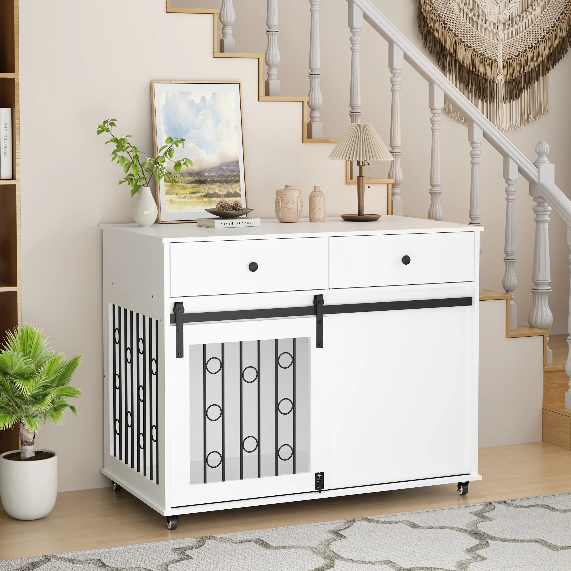 Elanora 39-Inch Sliding Barn Door Dog Crate Furniture with 2 Storage Drawers - Image 22