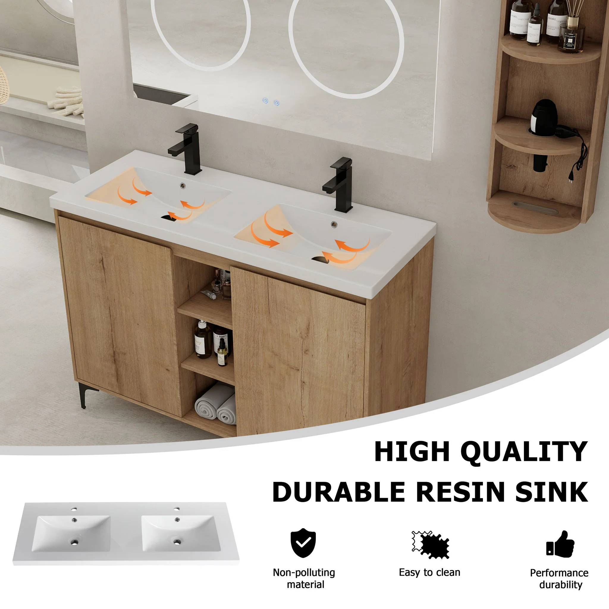 Elegant 48" Freestanding Bathroom Vanity With Double Resin Sink And Storage Rack Soft Close Doors - Imitative Oak - Image 6