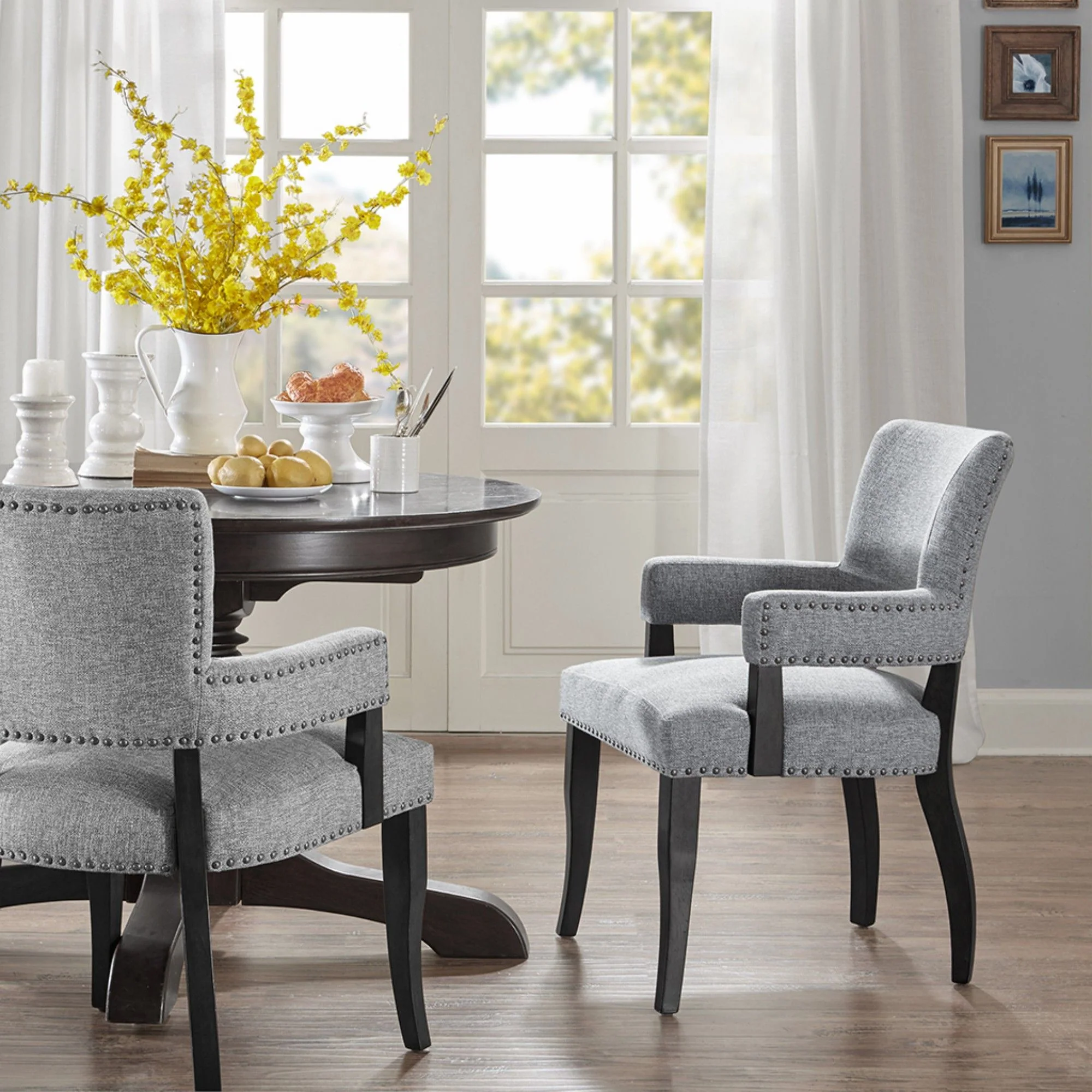 Elegant Arm Dining Chair With Brass Nail Head Detailing - Image 8