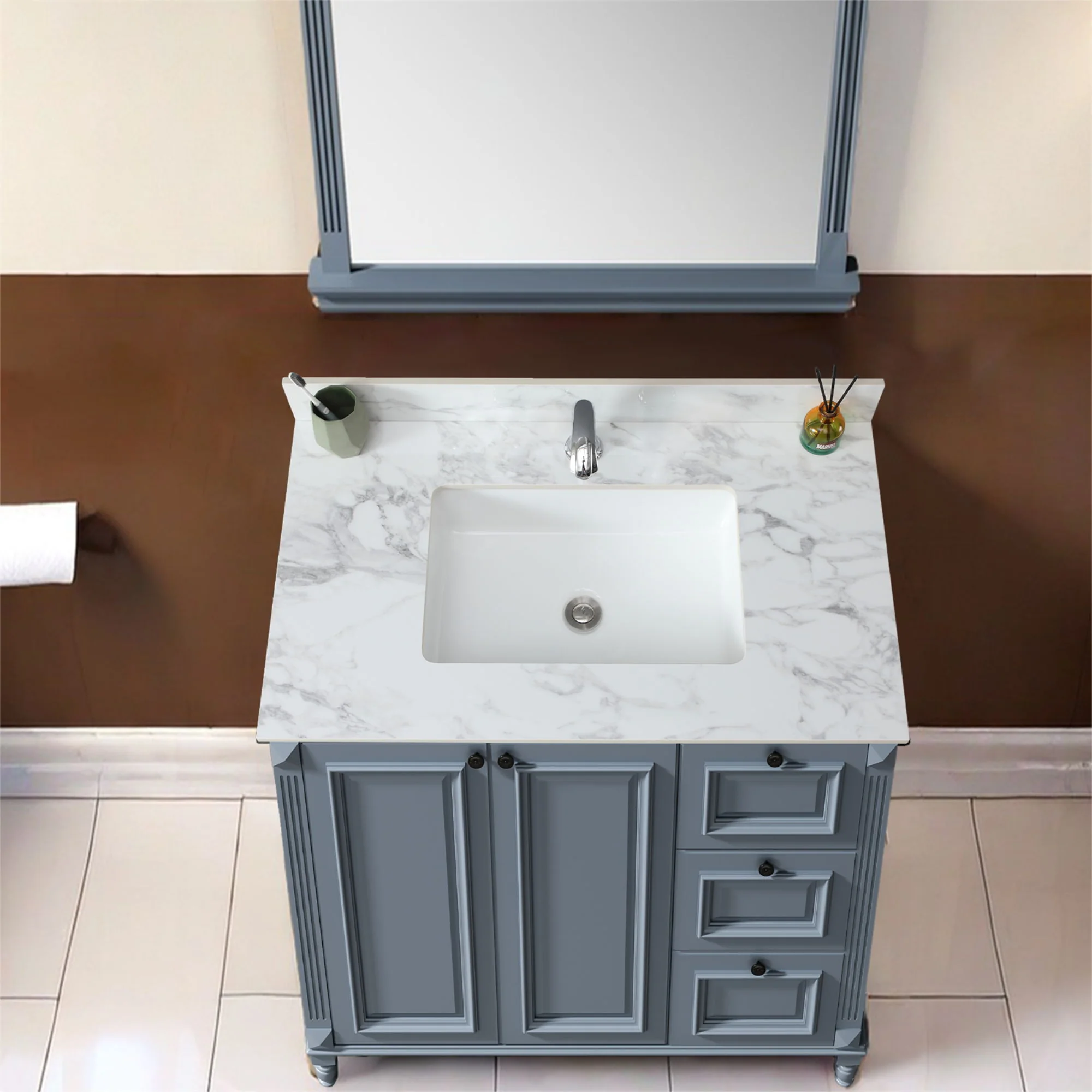 Elegant Bathroom Vanity Top With Rectangular Ceramic Sink And Backsplash - Image 13