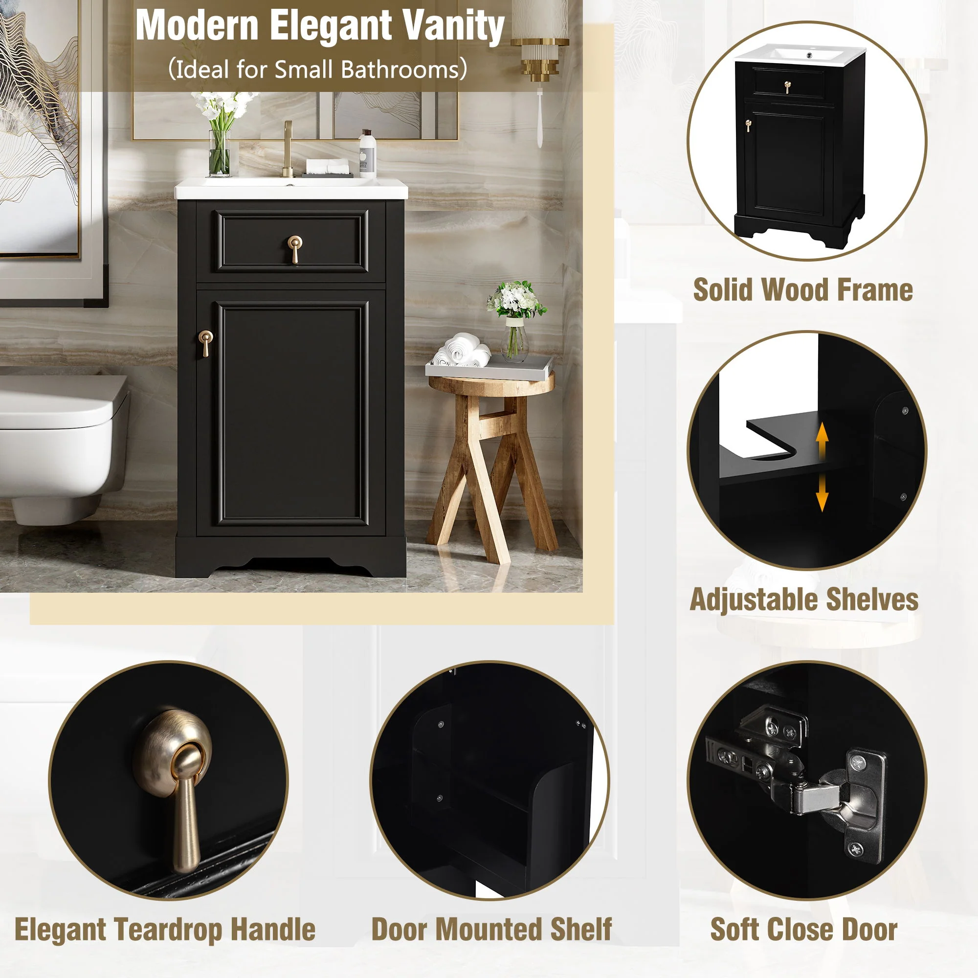 Elegant Bathroom Vanity With Ceramic Sink, Soft Close Door, Adjustable Shelf - Image 15
