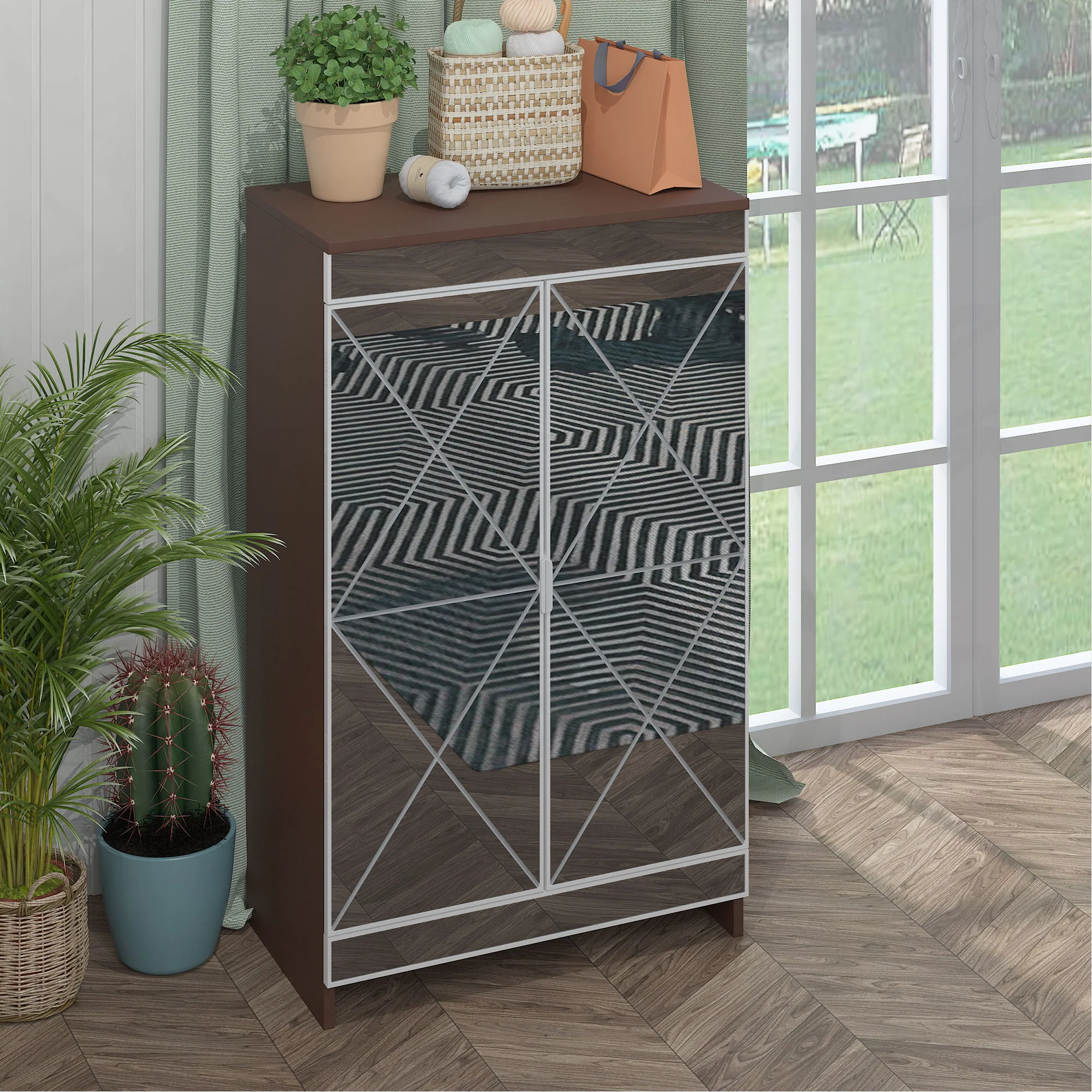 Elegant Decor Mirrored Shoe Cabinet With Edging Double Door Storage Cabinets Glass - Brown / Silver / Gray - Image 3