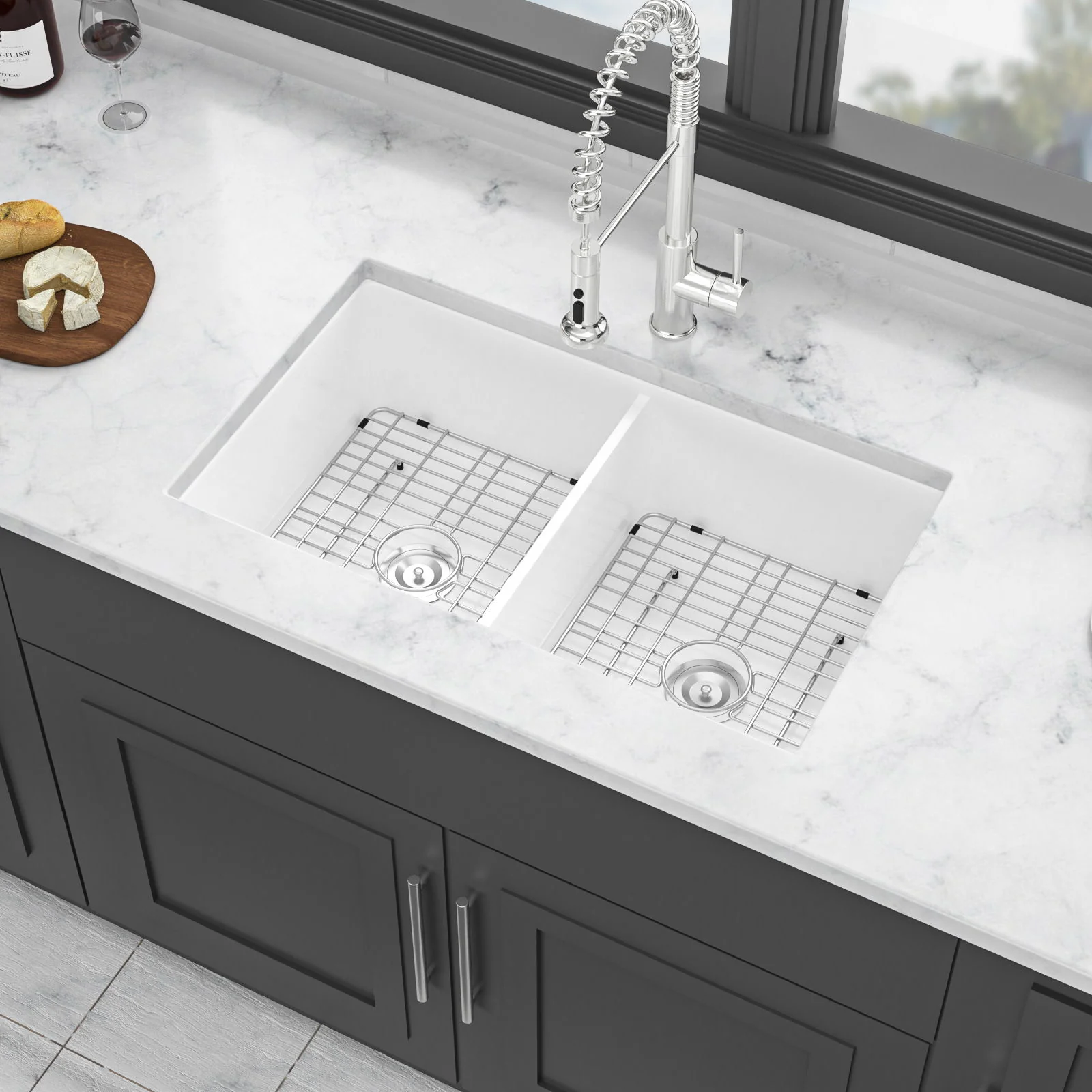 Elegant Dual Mount 32" Undermount Double Bowl Ceramic Kitchen Sink - White - Image 6
