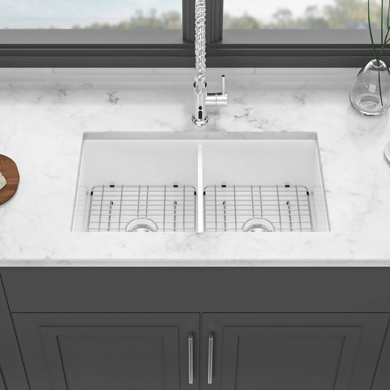 Elegant Dual Mount 32" Undermount Double Bowl Ceramic Kitchen Sink - White - Image 7