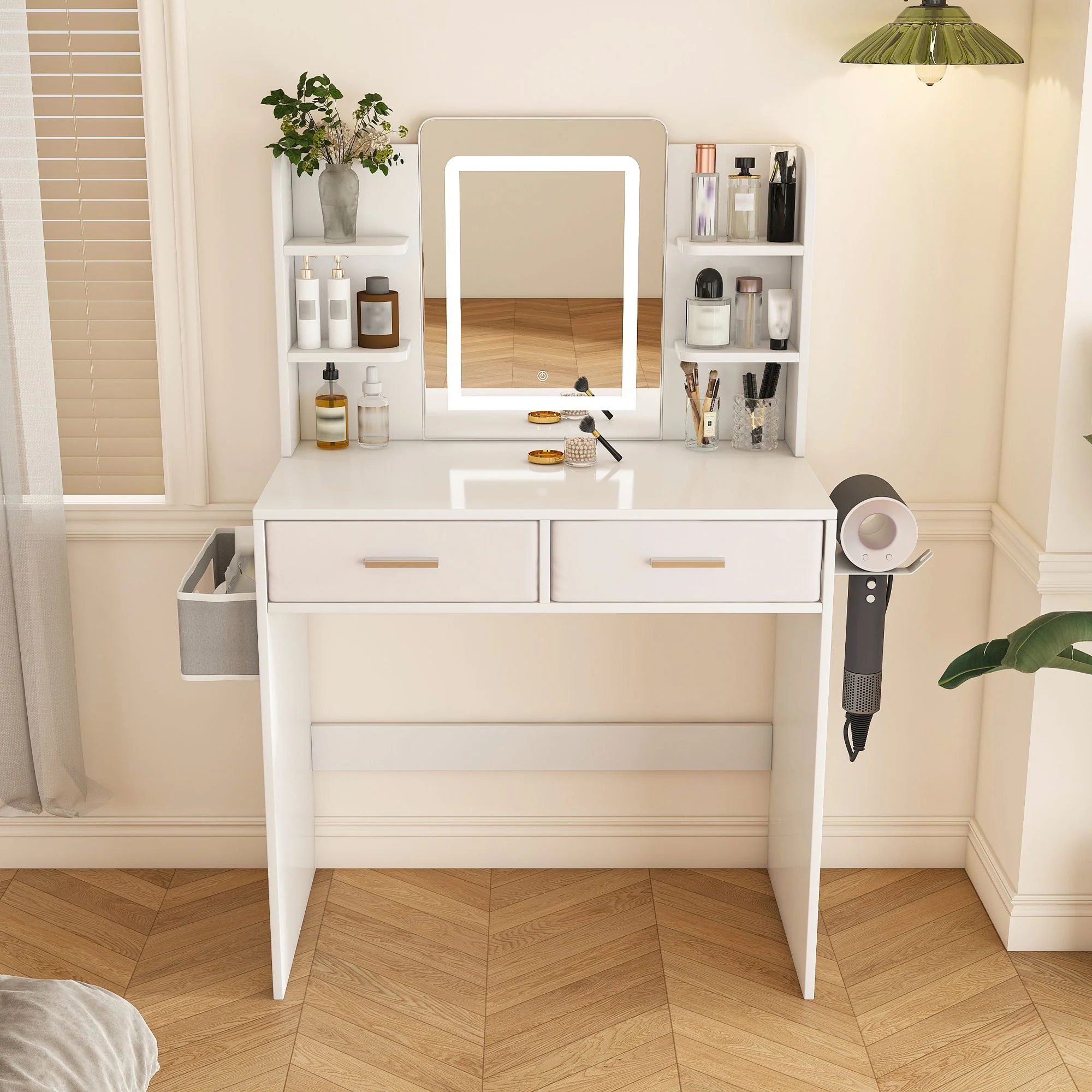 Elegant LED Mirror Vanity Dressing Table With Adjustable Lights, Drawers & Storage - White - Image 8