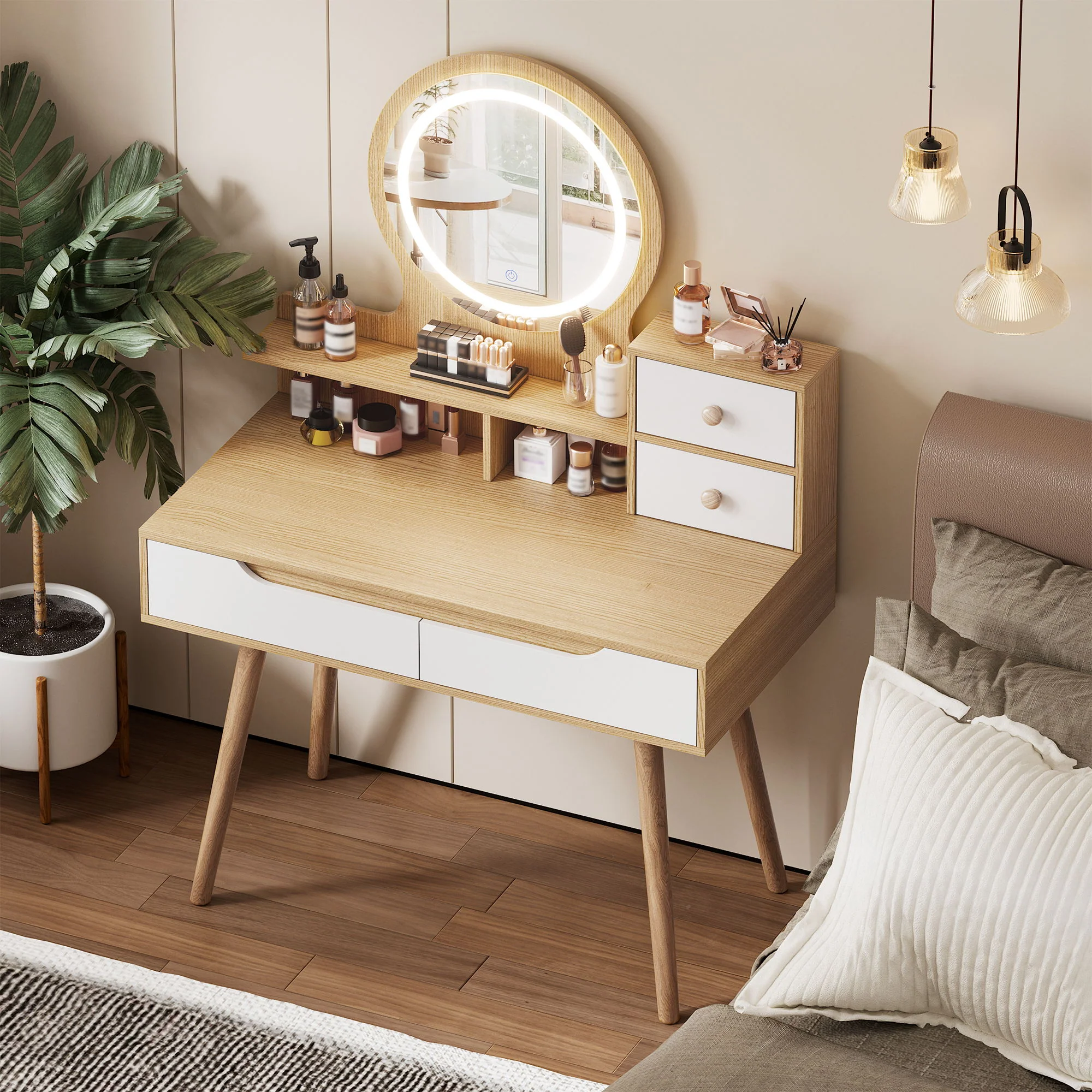 Elegant Makeup Vanity Desk With Adjustable Lighted Mirror Table Feet - American White Oak - Image 3