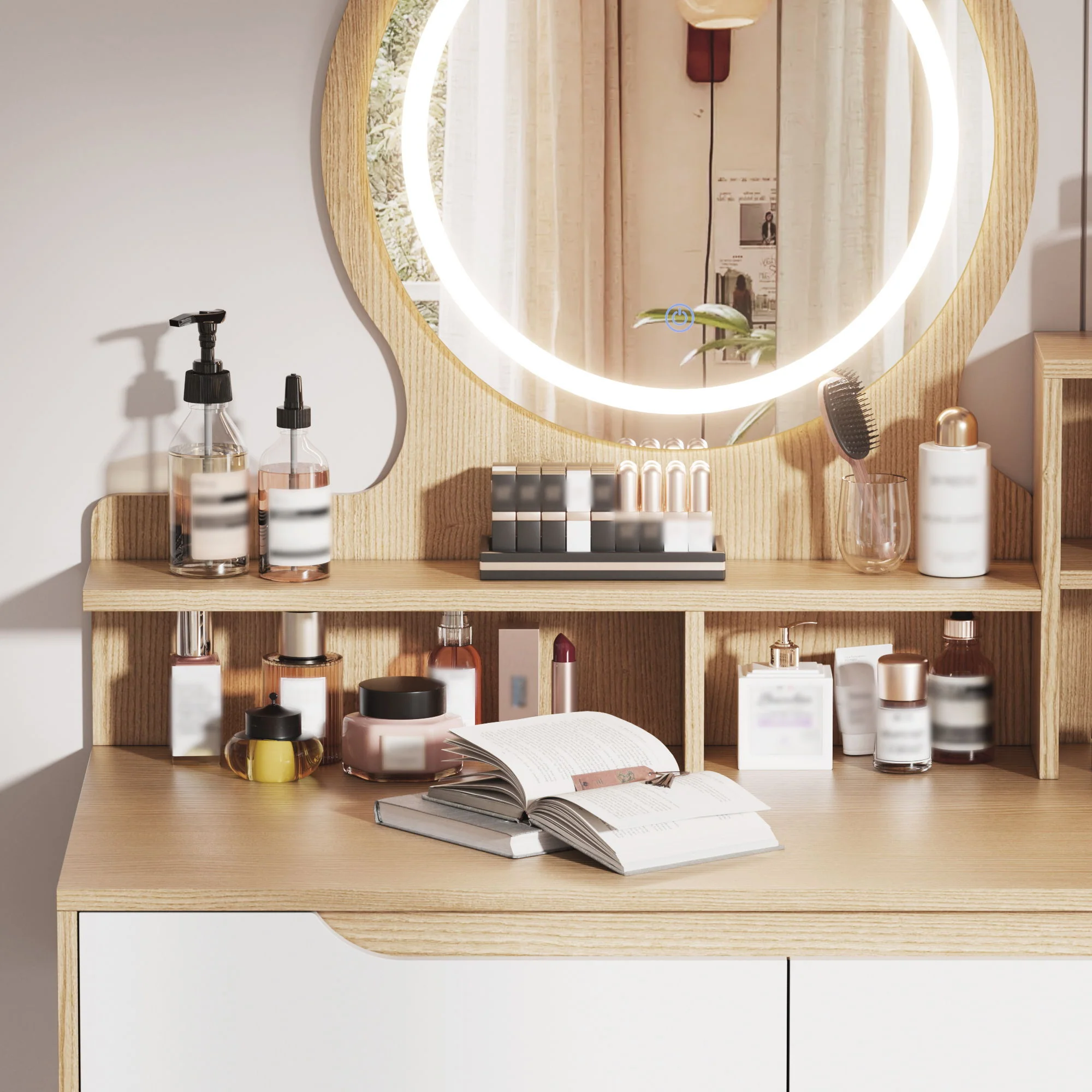 Elegant Makeup Vanity Desk With Adjustable Lighted Mirror Table Feet - American White Oak - Image 6